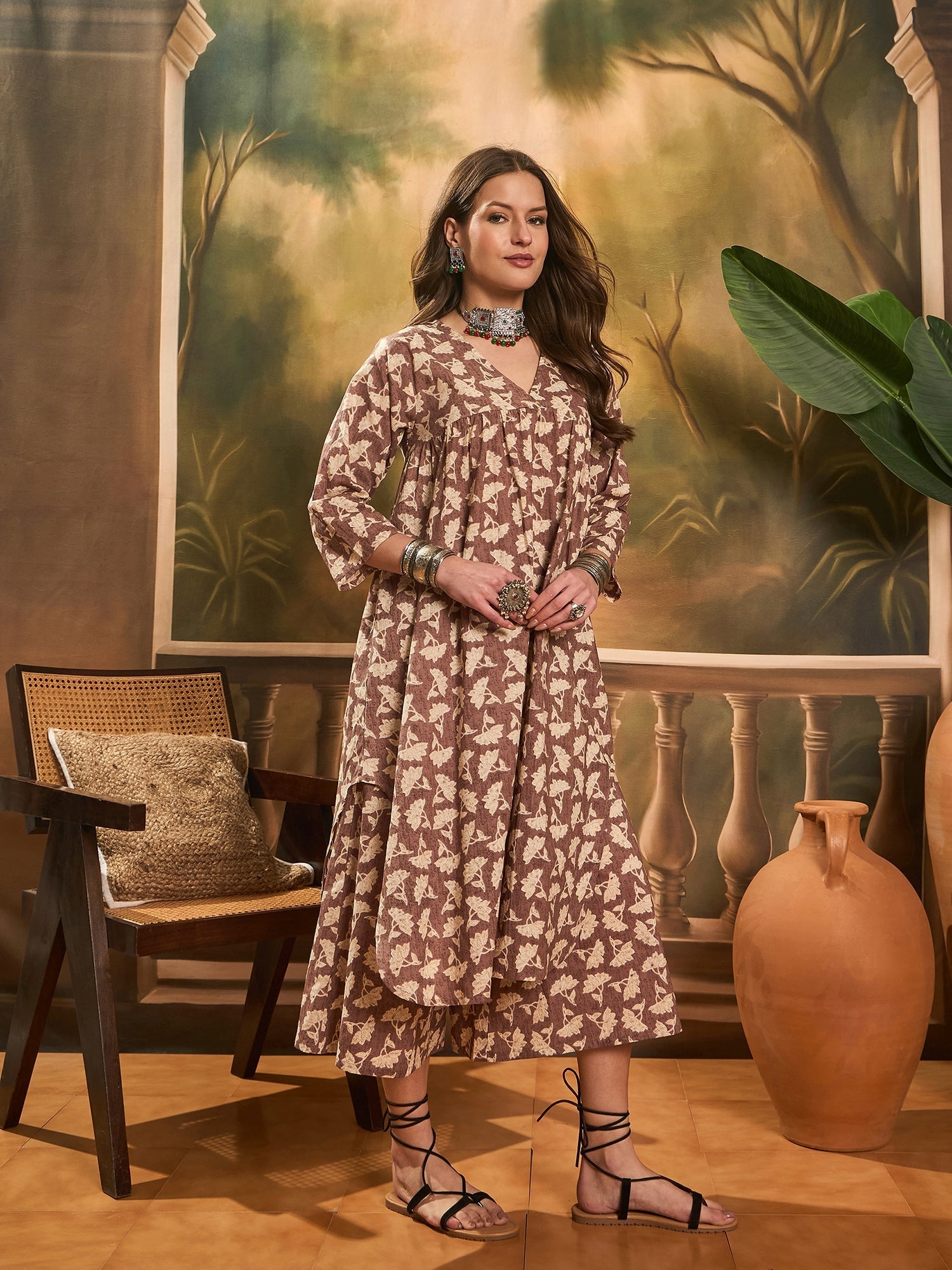 InWeave Light Brown Off White V Neck Flared Kurta Set