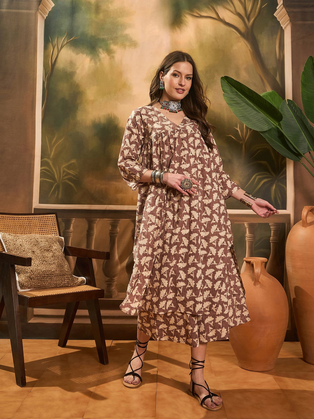 InWeave Light Brown Off White V Neck Flared Kurta Set