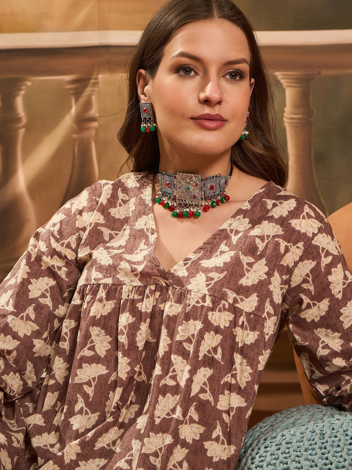 InWeave Light Brown Off White V Neck Flared Kurta Set