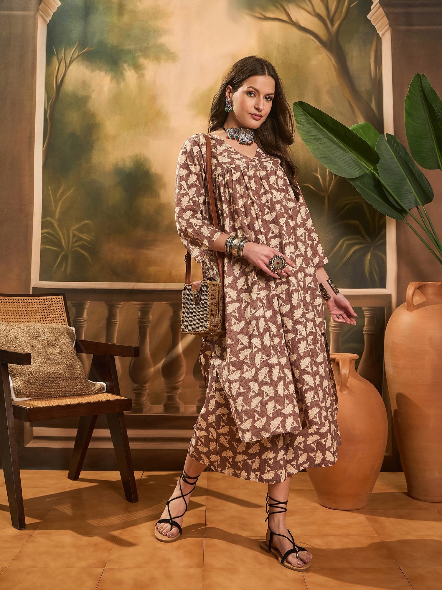 InWeave Light Brown Off White V Neck Flared Kurta Set