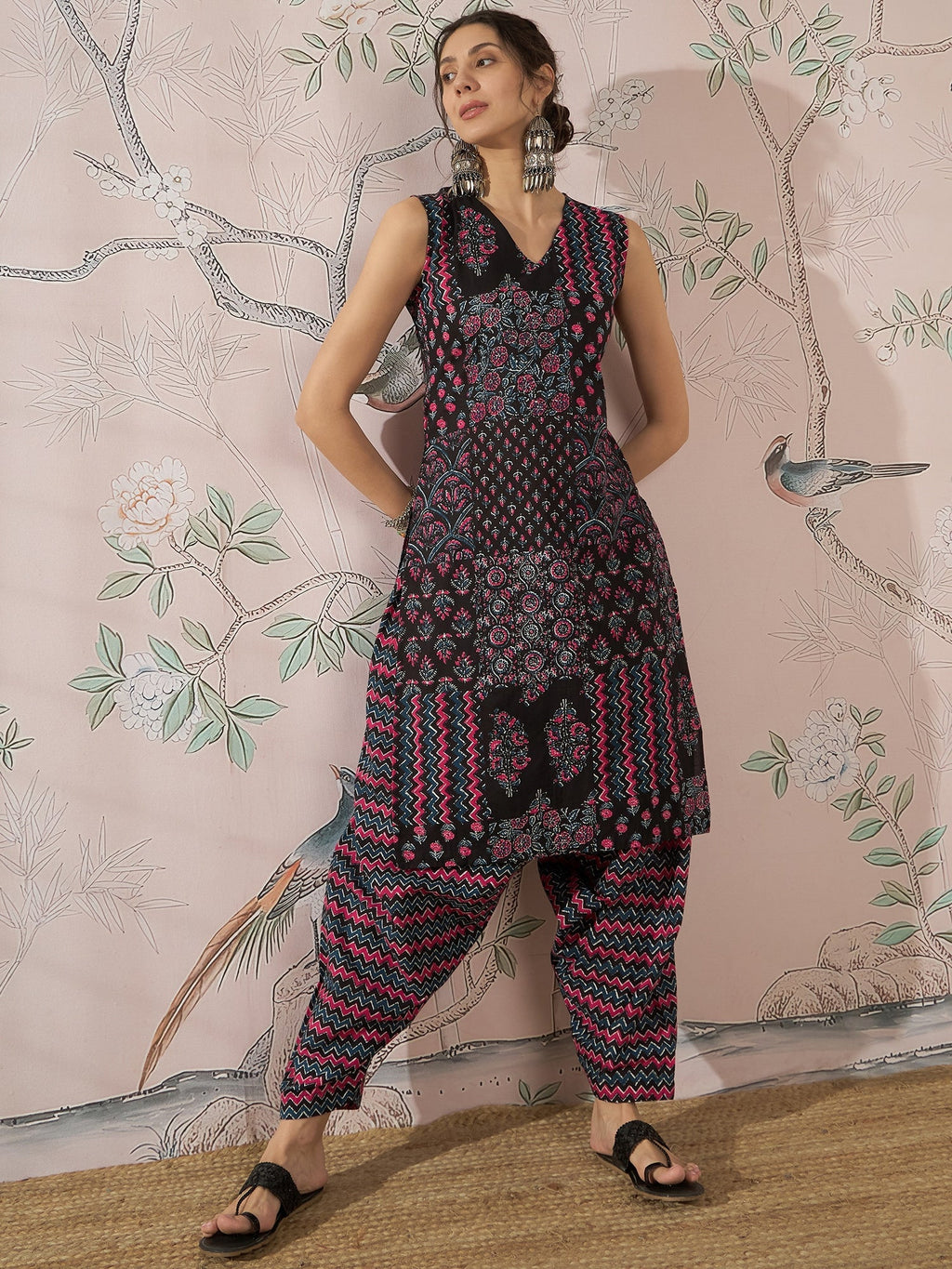 InWeave Black Pink Kurta Dhoti Set
