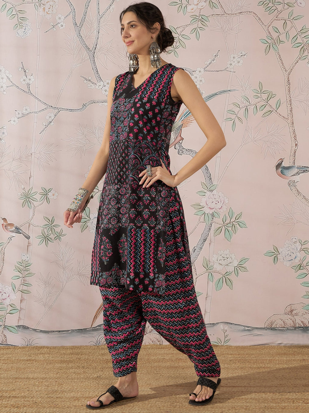 InWeave Black Pink Kurta Dhoti Set