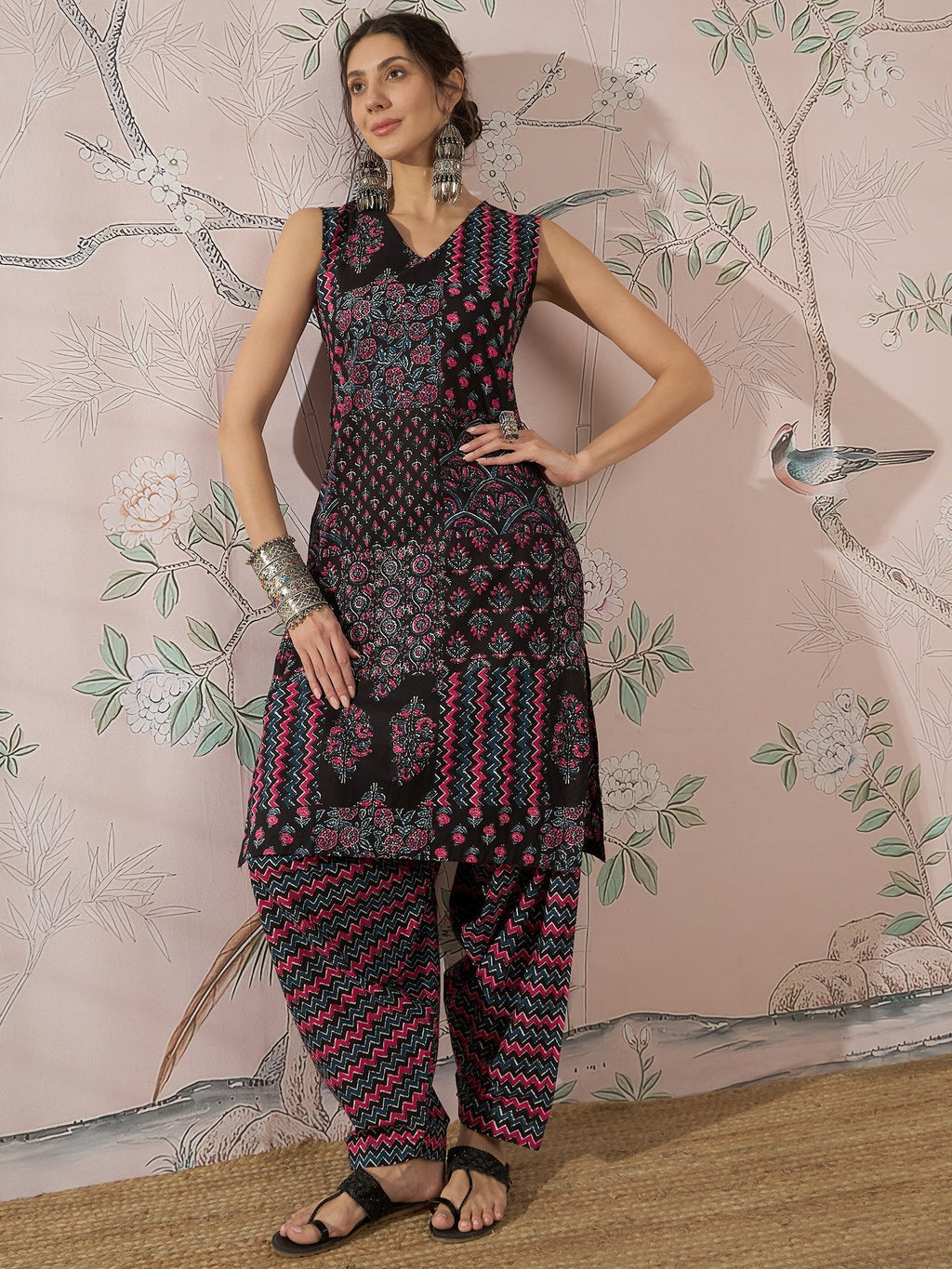 InWeave Black Pink Kurta Dhoti Set