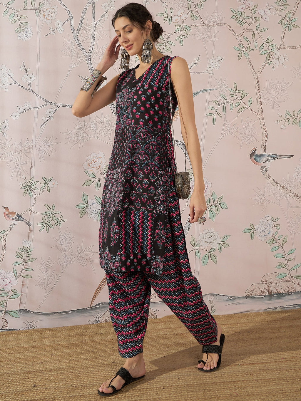 InWeave Black Pink Kurta Dhoti Set