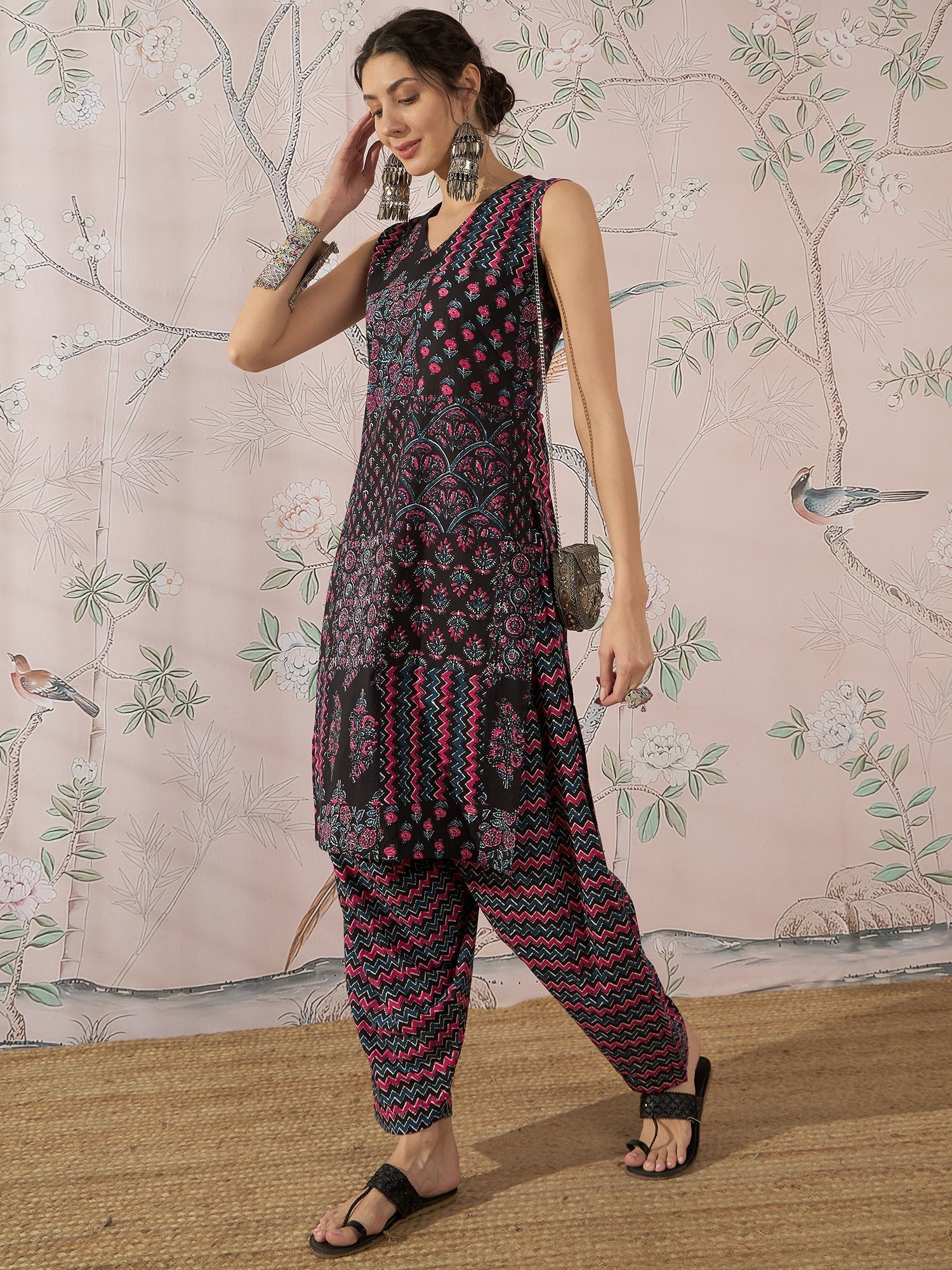 InWeave Black Pink Kurta Dhoti Set