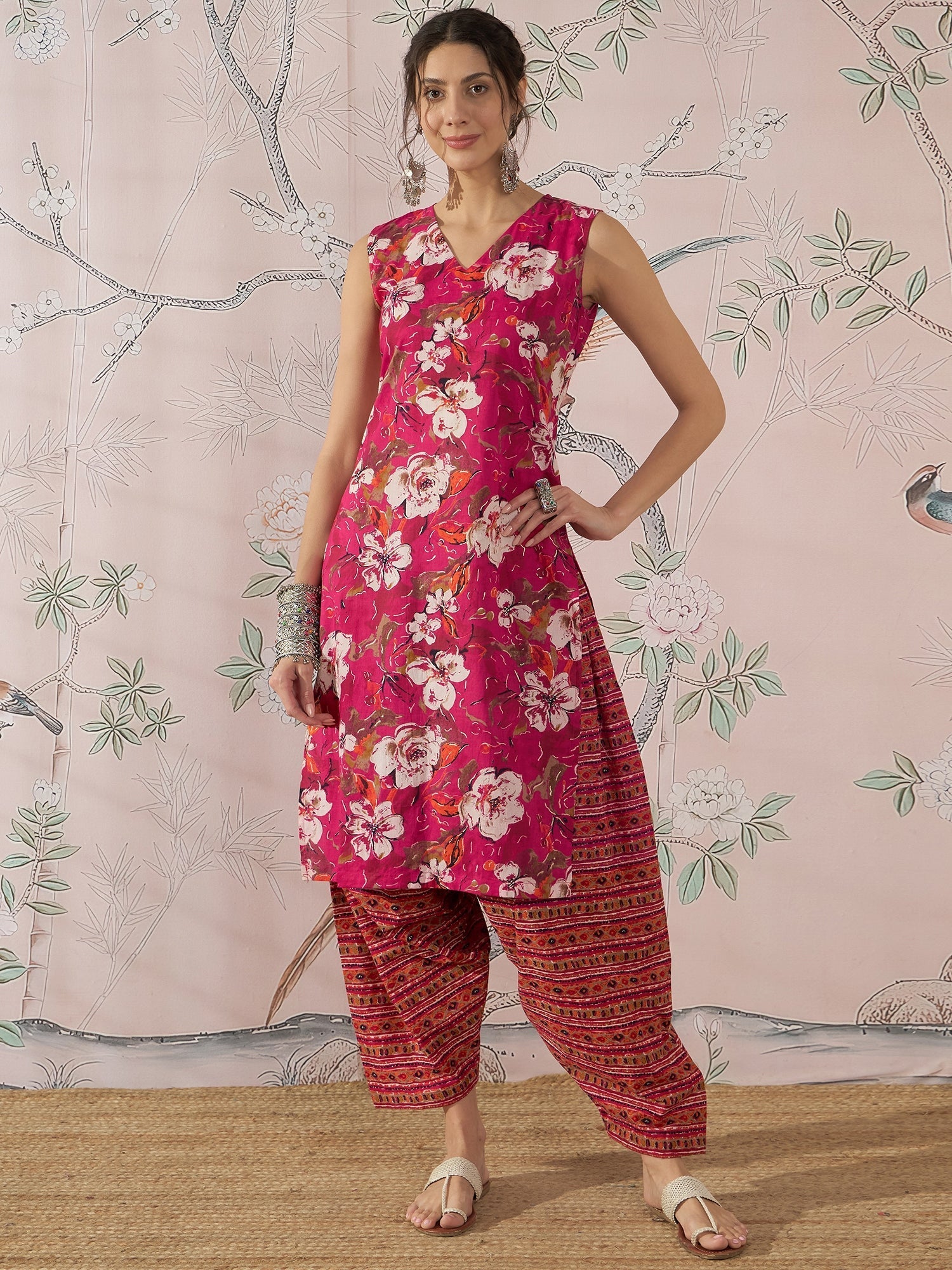 InWeave Dark Pink Cream Kurta Dhoti Set