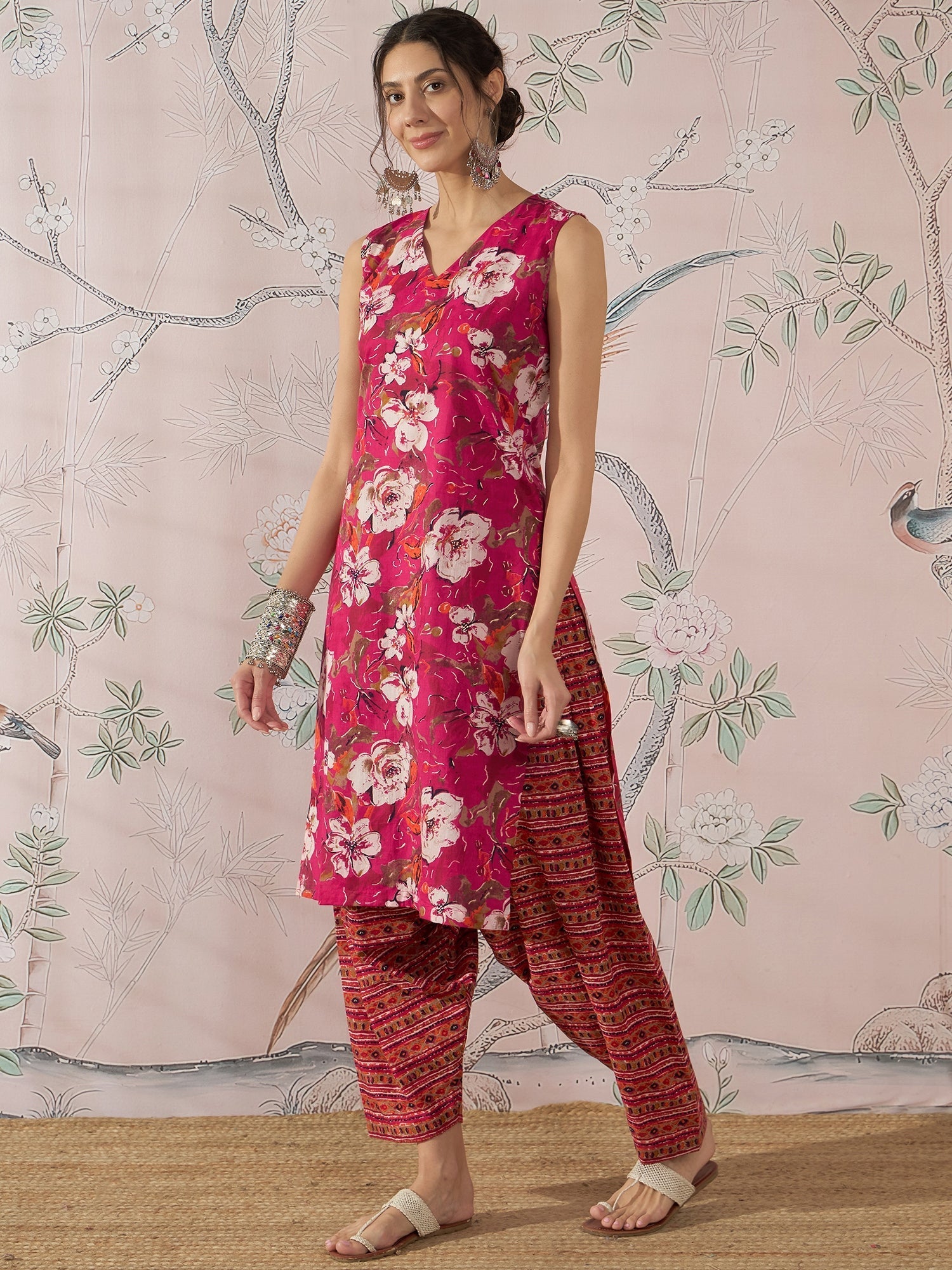 InWeave Dark Pink Cream Kurta Dhoti Set