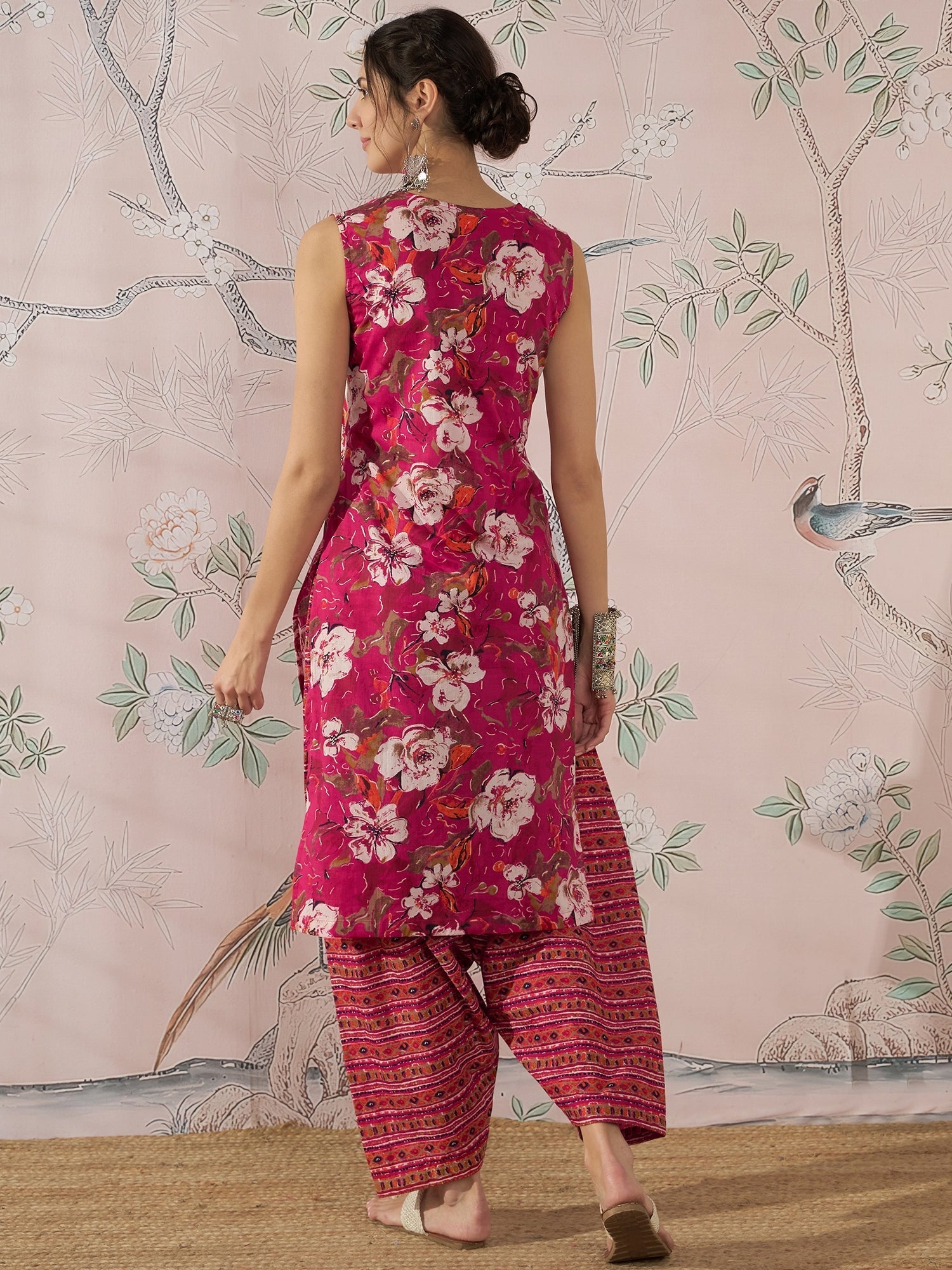 InWeave Dark Pink Cream Kurta Dhoti Set