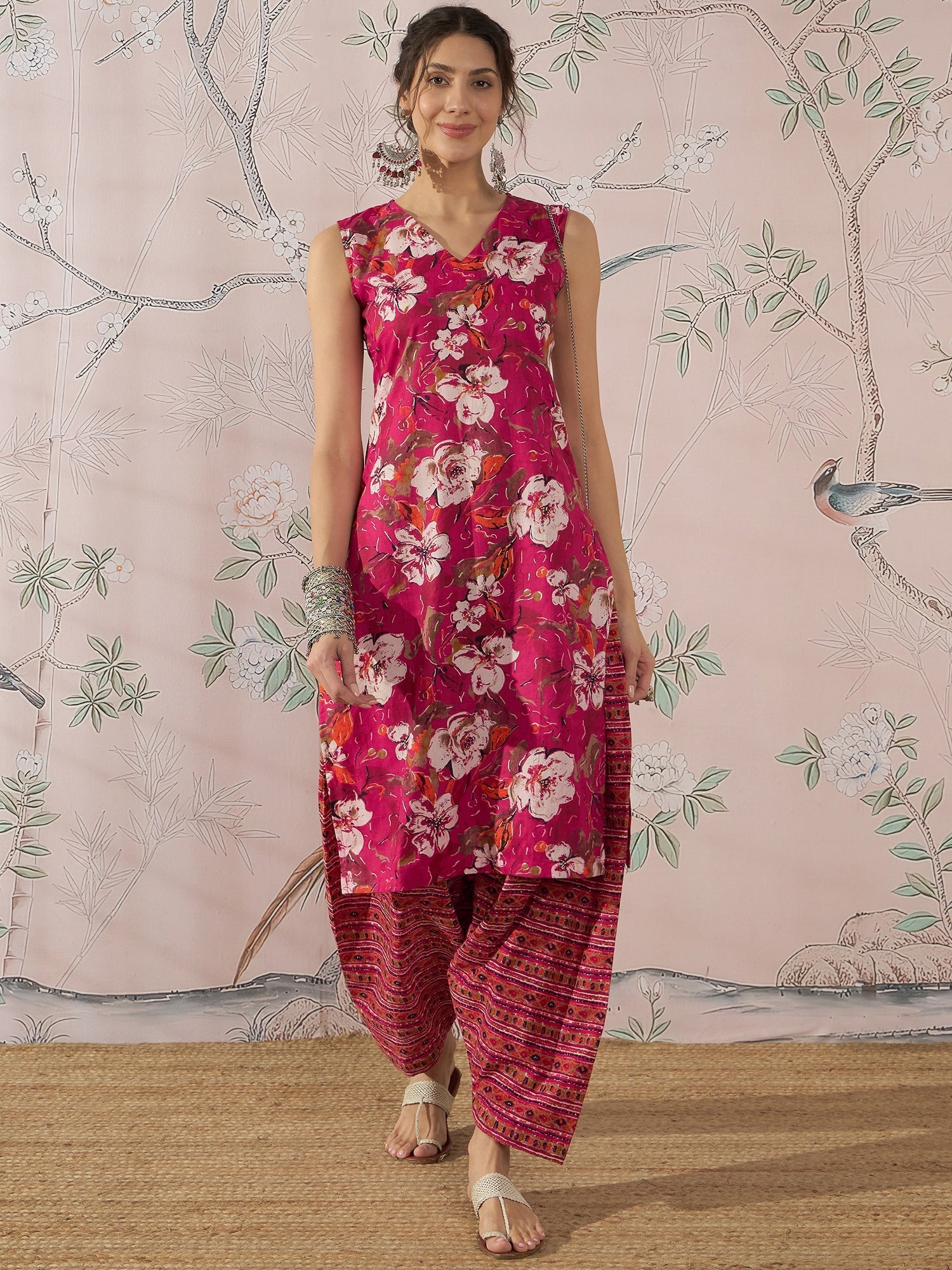 InWeave Dark Pink Cream Kurta Dhoti Set