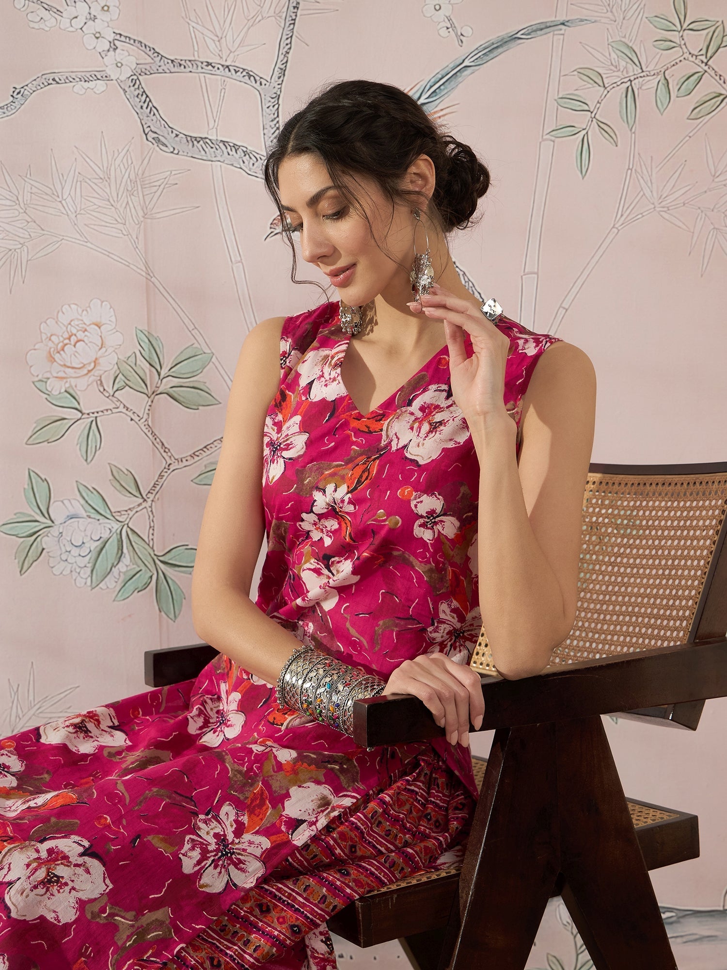 InWeave Dark Pink Cream Kurta Dhoti Set