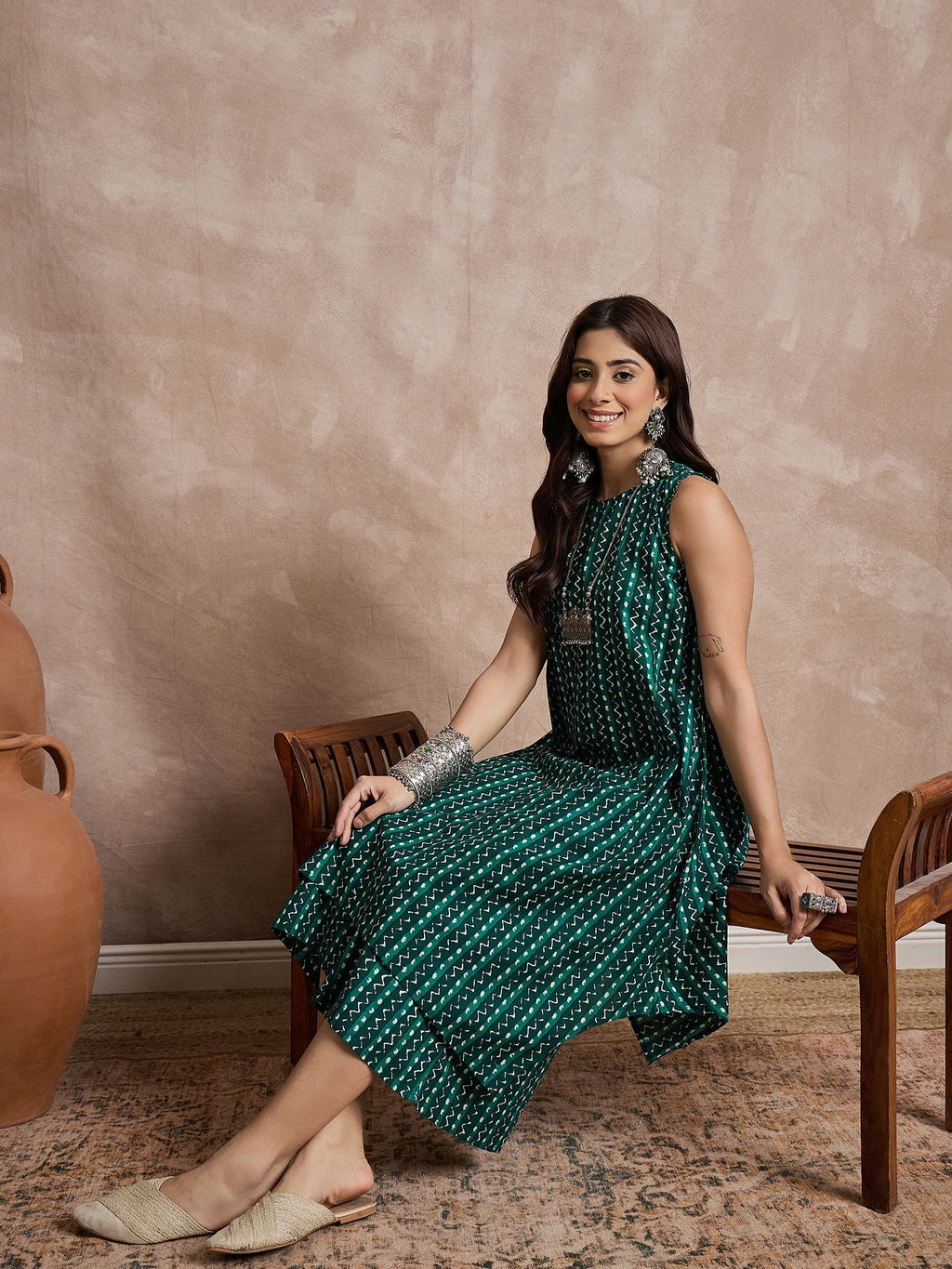 InWeave Teal Zig Zag Round Neck Kurta Set