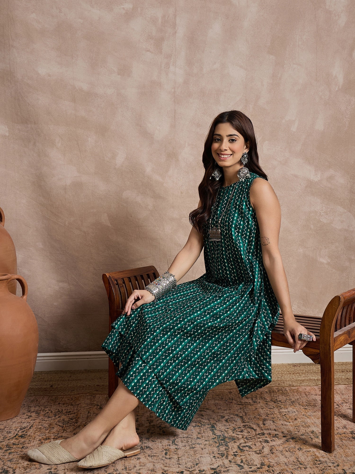 InWeave Teal Zig Zag Round Neck Kurta Set