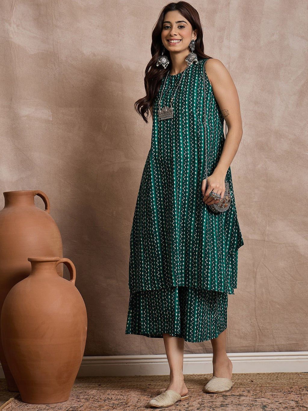 InWeave Teal Zig Zag Round Neck Kurta Set