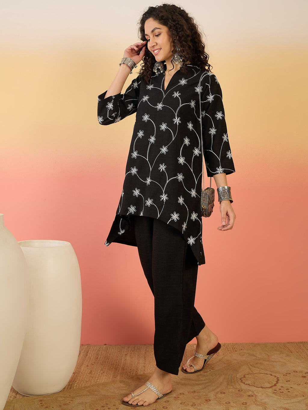 InWeave Black Embroidery Mandarin Black Set