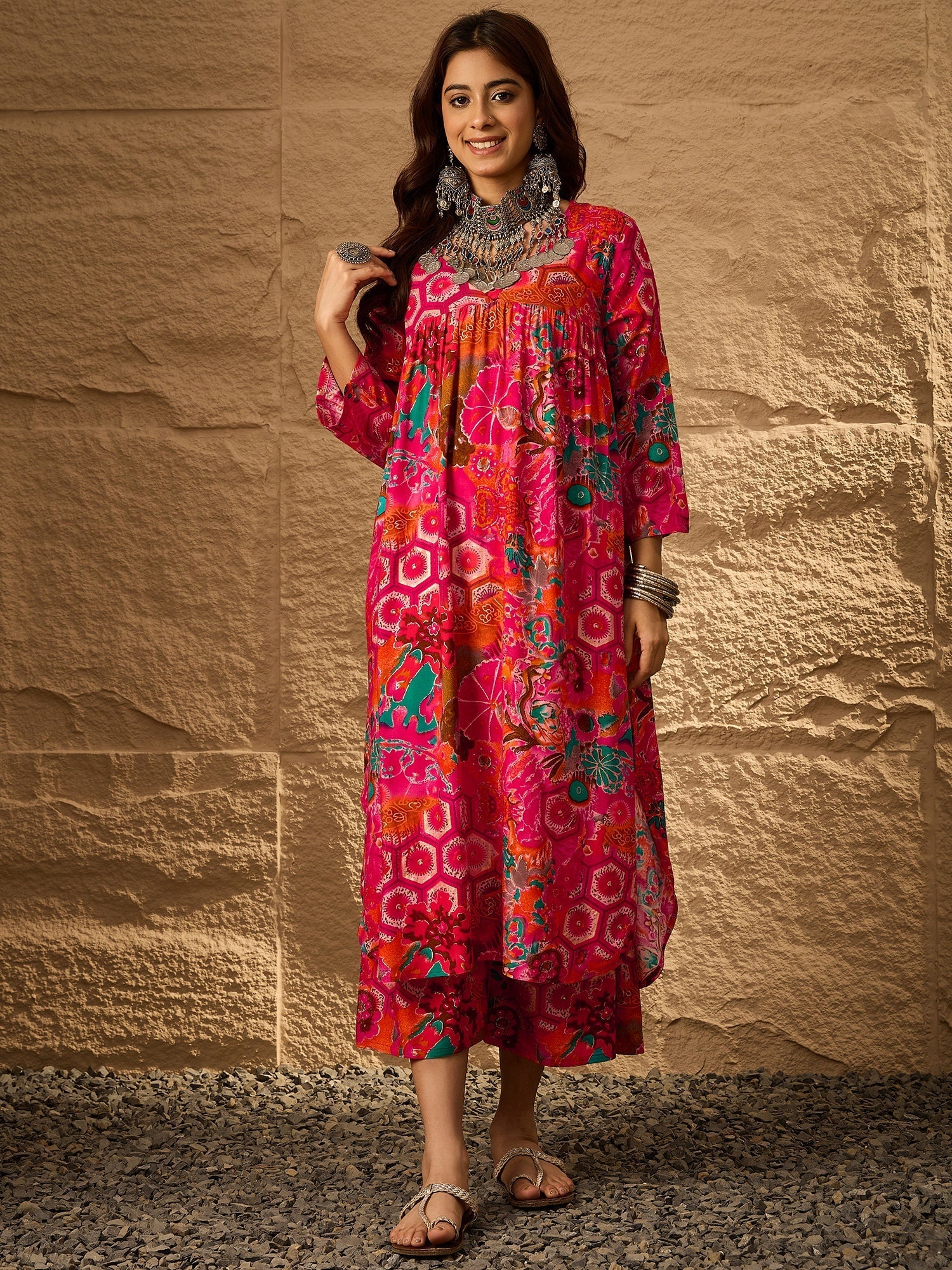 InWeave Fuchsia Orange V-Flared Kurta Set