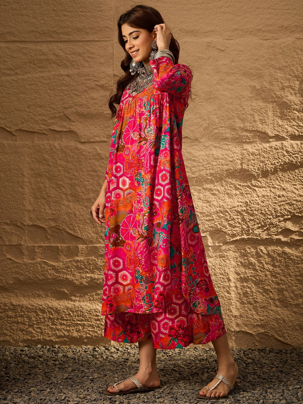 InWeave Fuchsia Orange V-Flared Kurta Set
