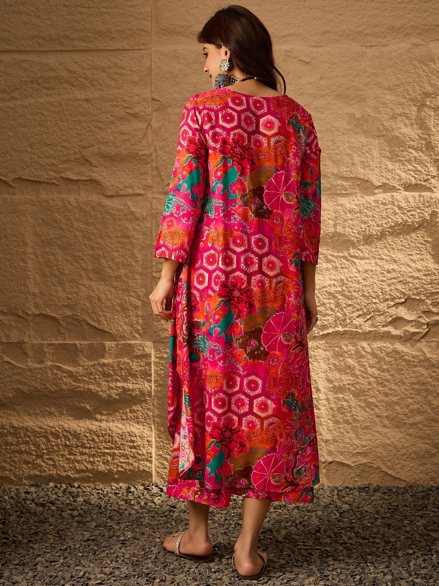 InWeave Fuchsia Orange V-Flared Kurta Set