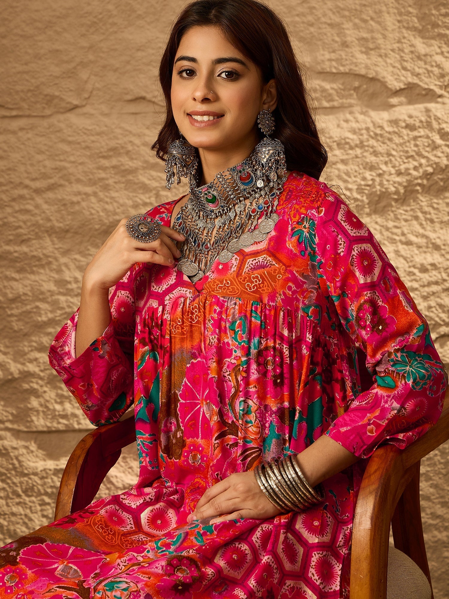 InWeave Fuchsia Orange V-Flared Kurta Set
