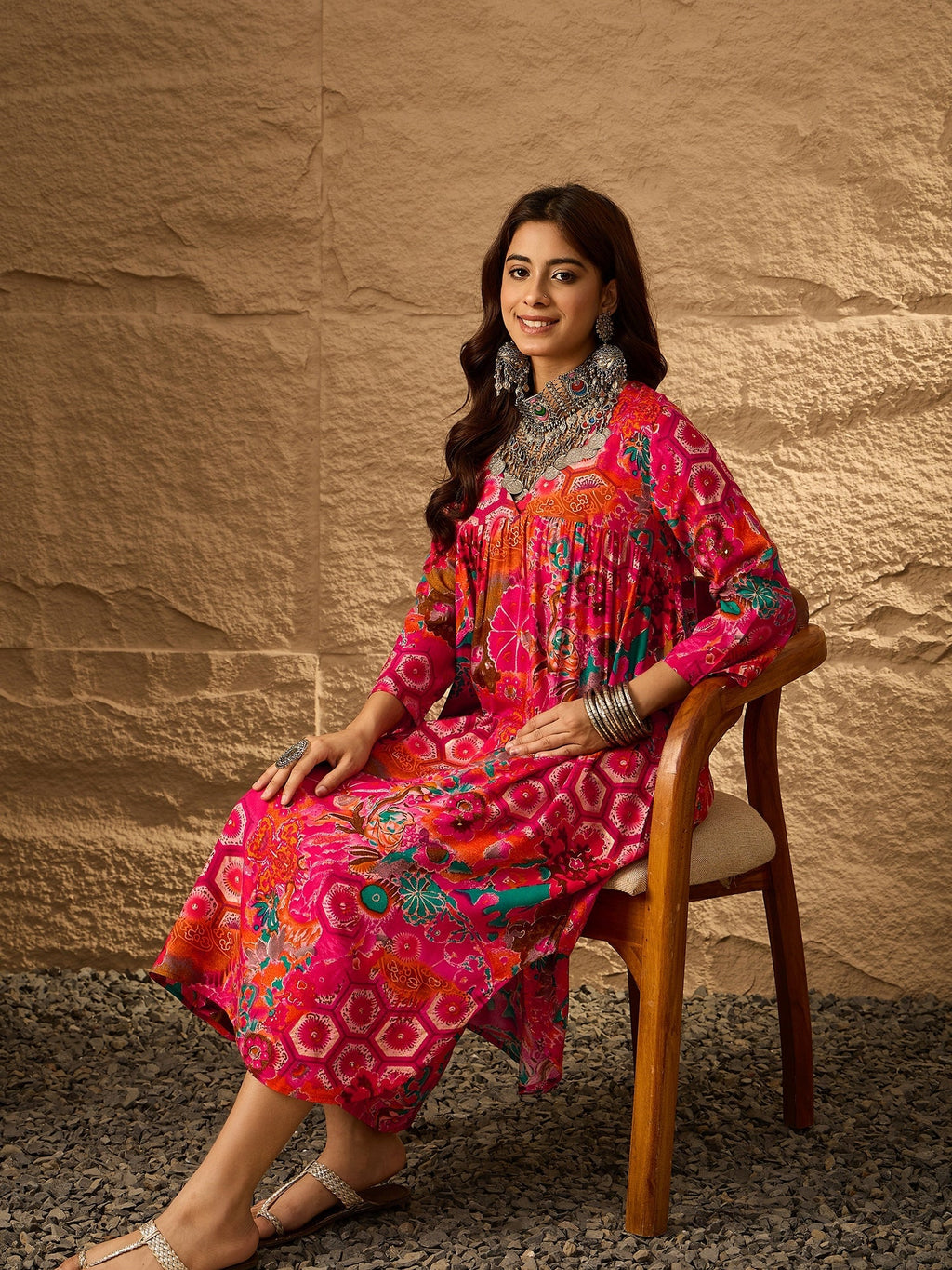 InWeave Fuchsia Orange V-Flared Kurta Set