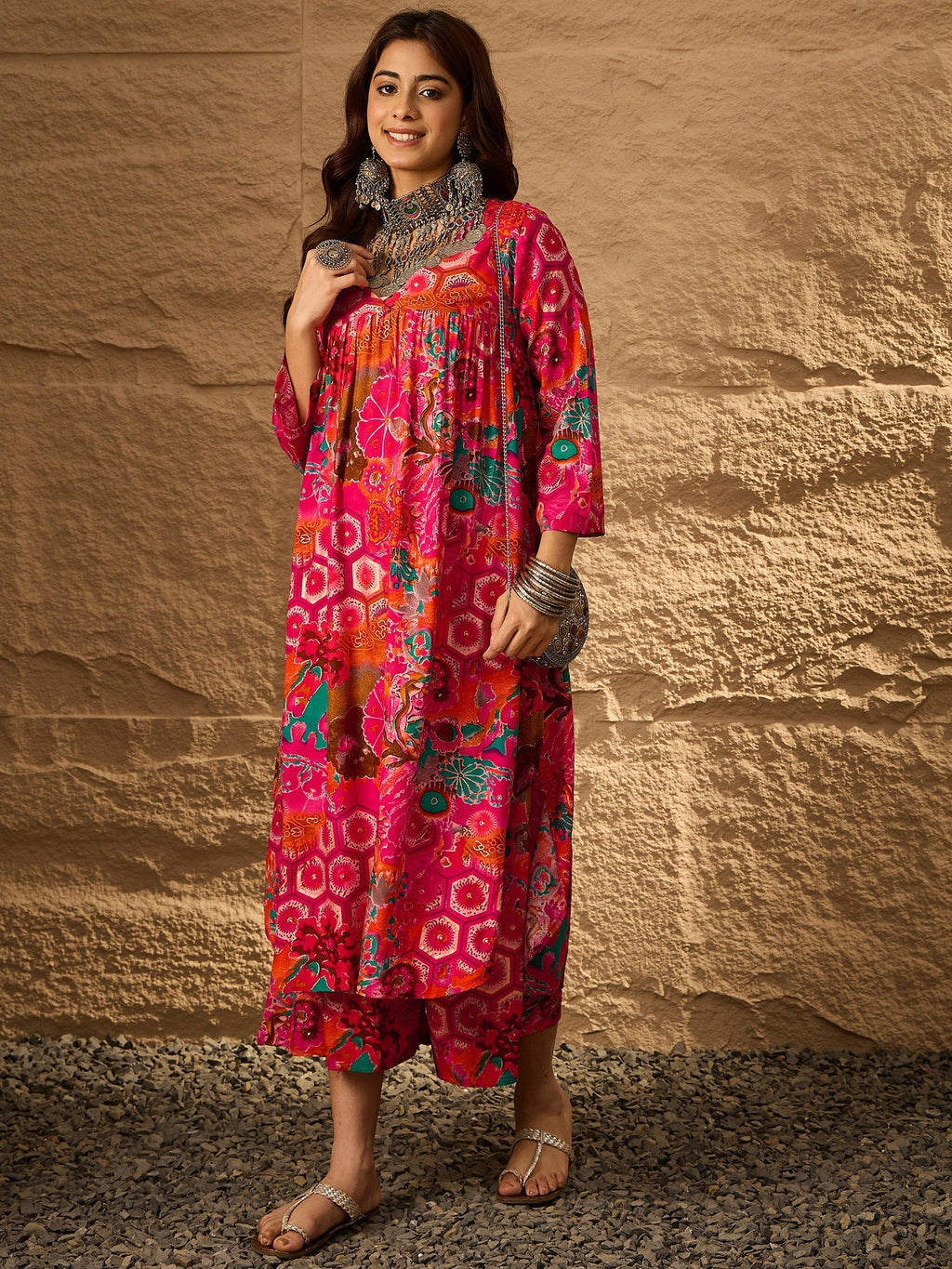 InWeave Fuchsia Orange V-Flared Kurta Set