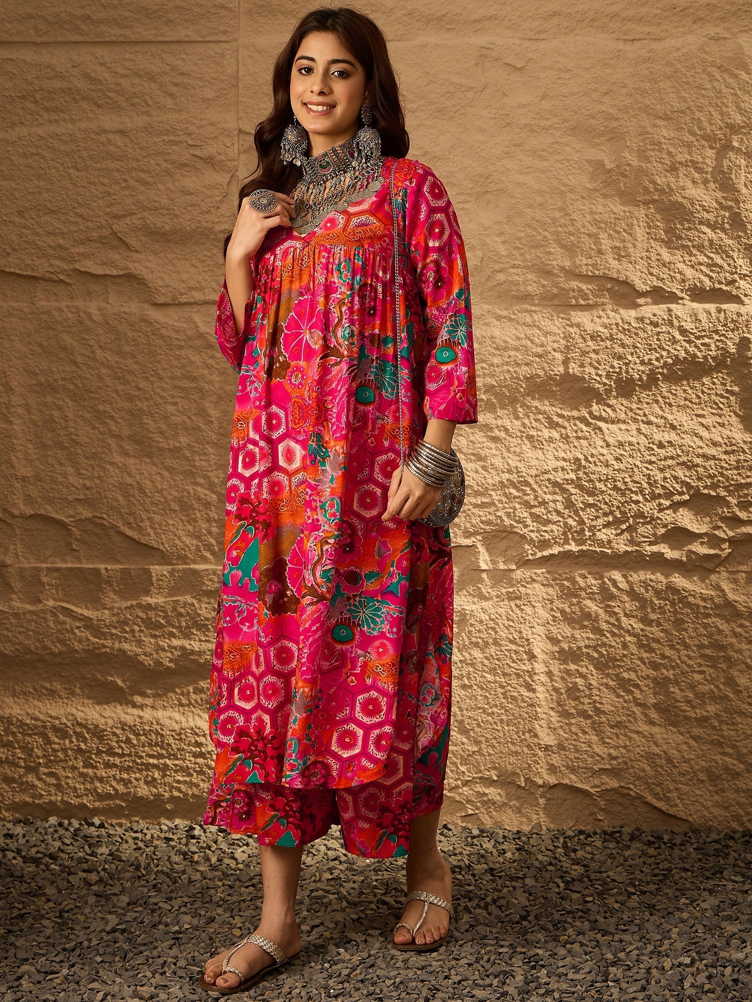 InWeave Fuchsia Orange V-Flared Kurta Set