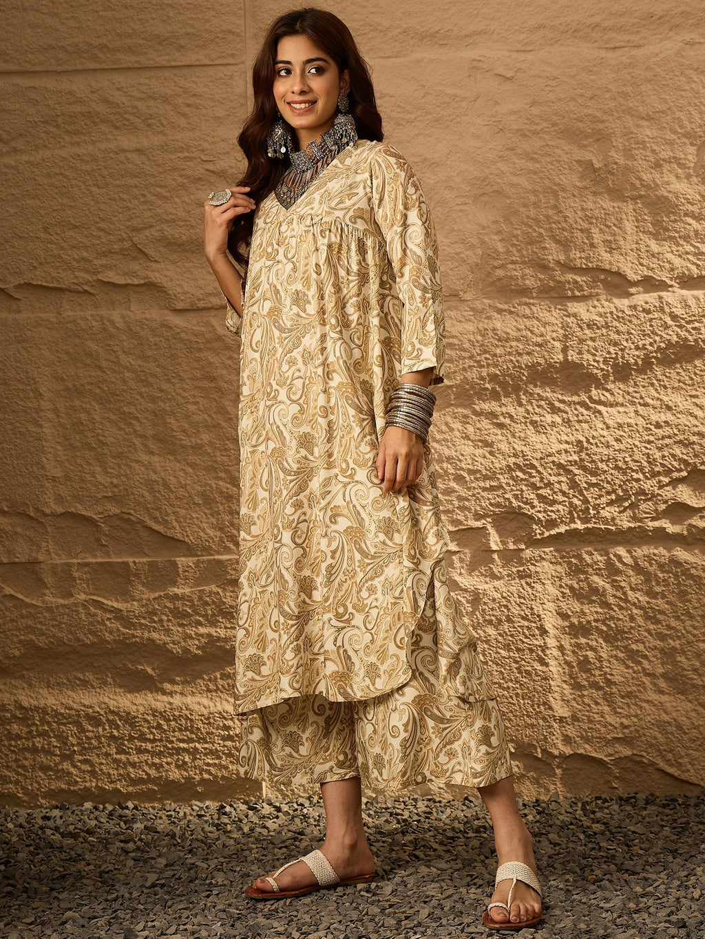 InWeave Off White Swirl V-Flared Kurta Set