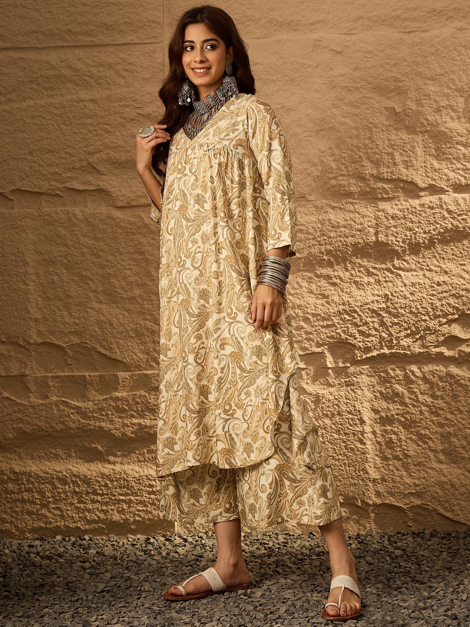 InWeave Off White Swirl V-Flared Kurta Set
