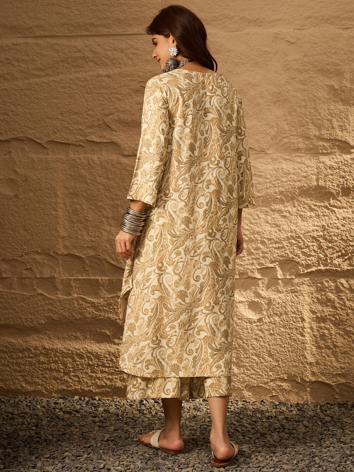 InWeave Off White Swirl V-Flared Kurta Set