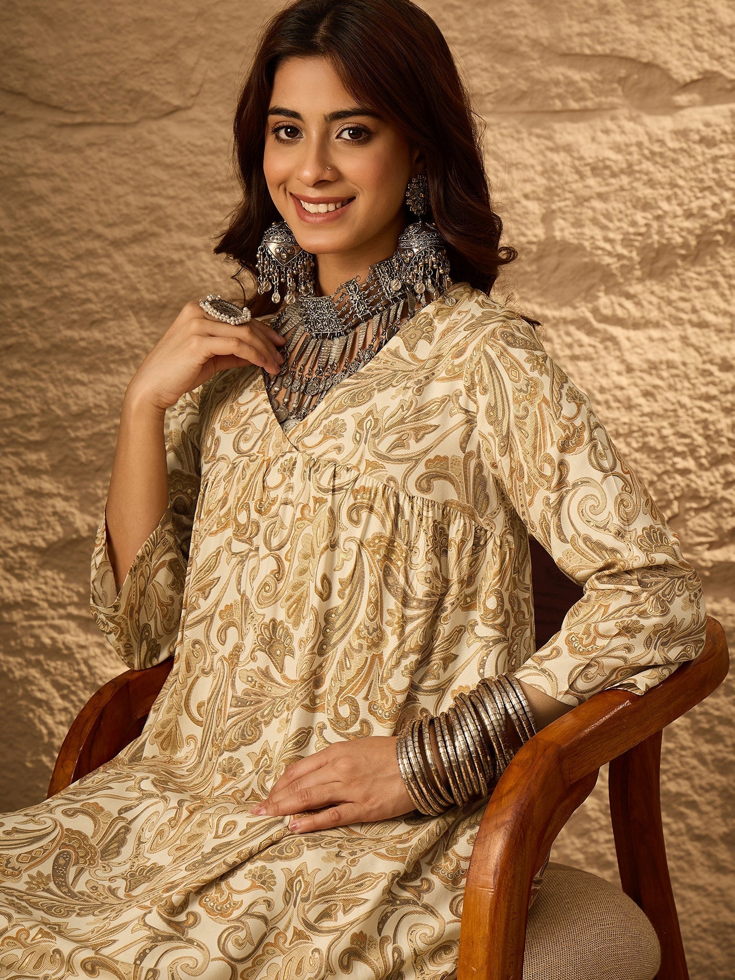 InWeave Off White Swirl V-Flared Kurta Set
