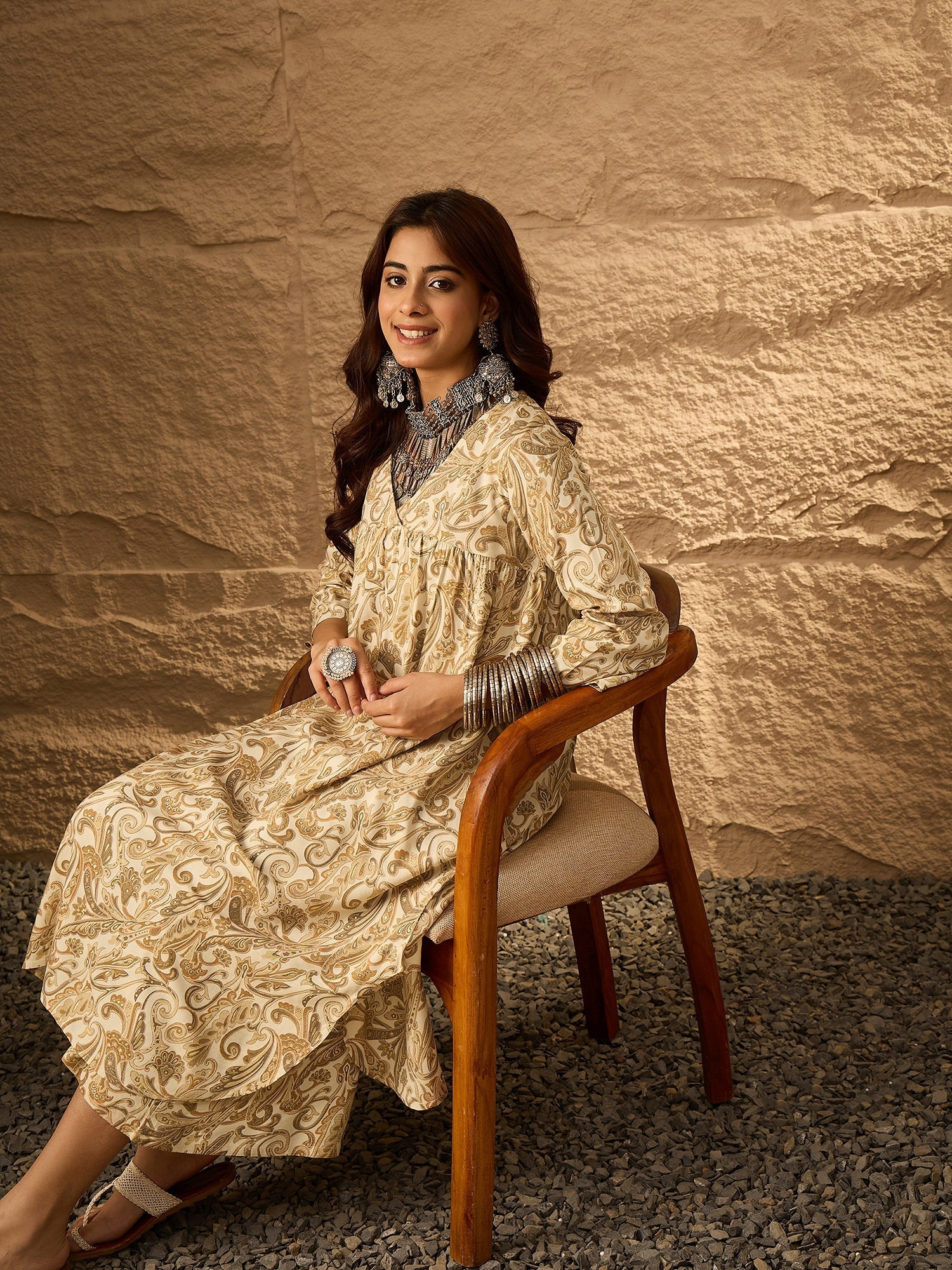 InWeave Off White Swirl V-Flared Kurta Set
