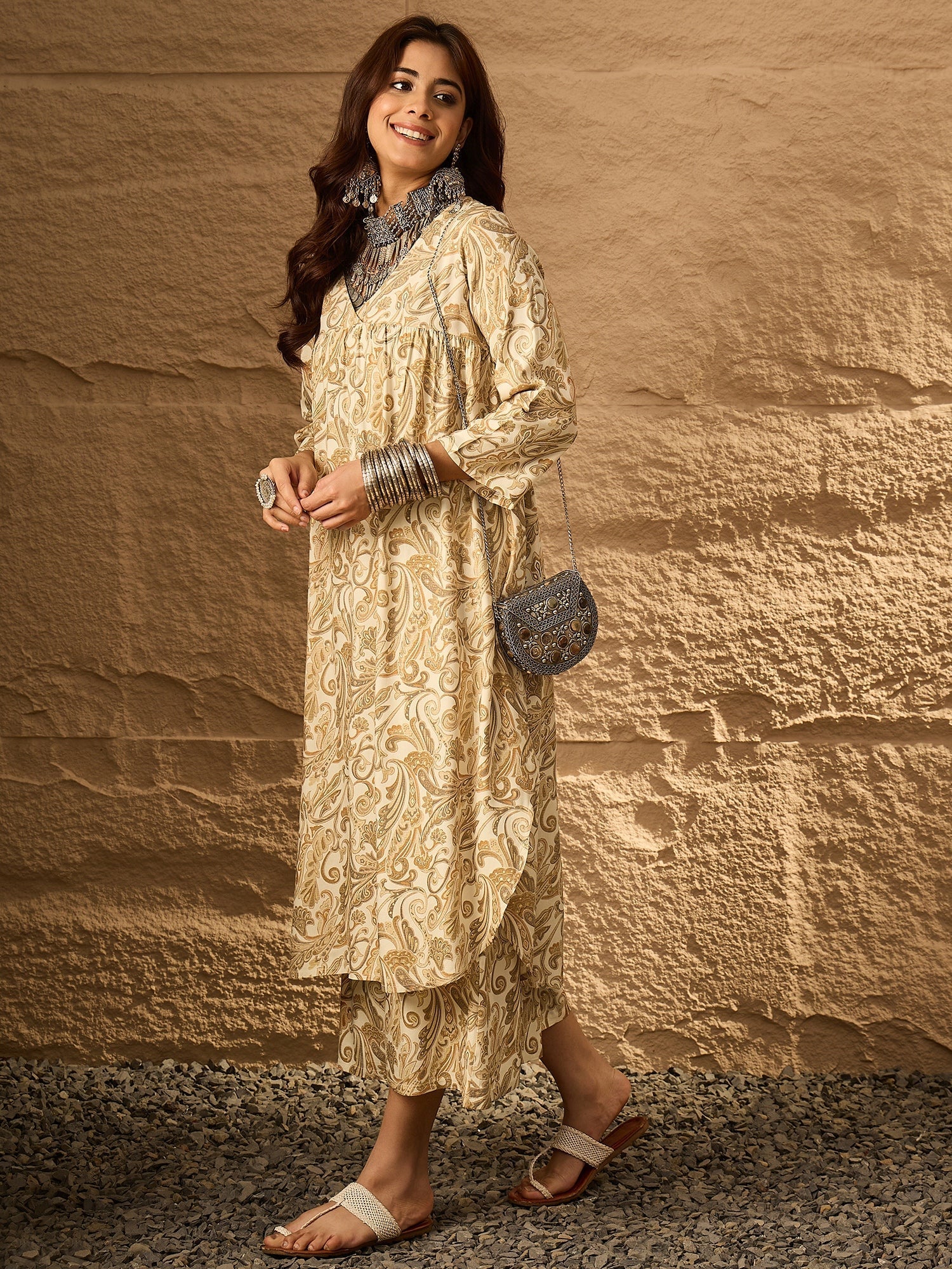 InWeave Off White Swirl V-Flared Kurta Set
