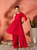 InWeave Red Chikankari Anarkali Kurta Sharara Set