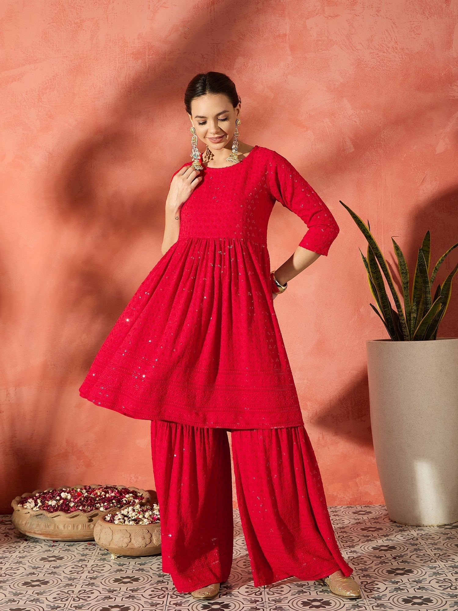 InWeave Red Chikankari Anarkali Kurta Sharara Set