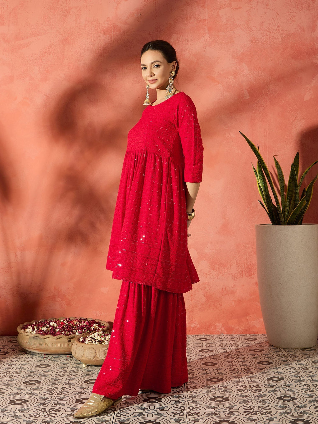 InWeave Red Chikankari Anarkali Kurta Sharara Set