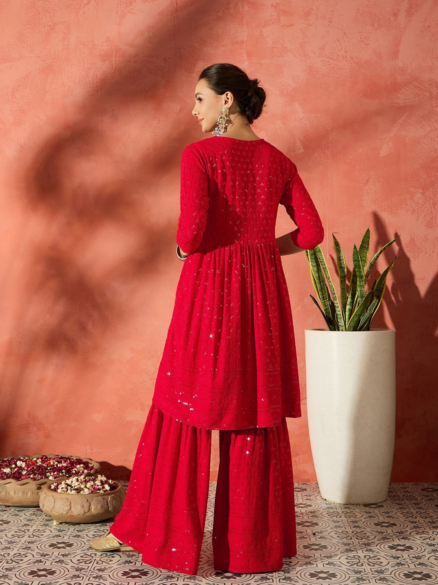 InWeave Red Chikankari Anarkali Kurta Sharara Set