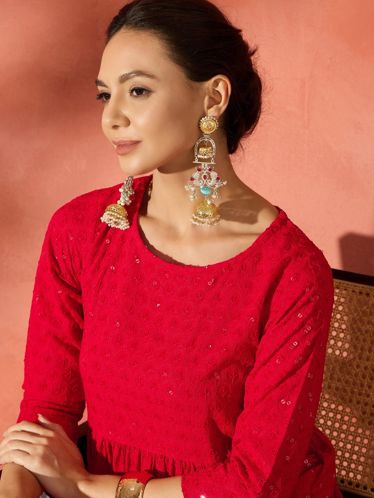 InWeave Red Chikankari Anarkali Kurta Sharara Set