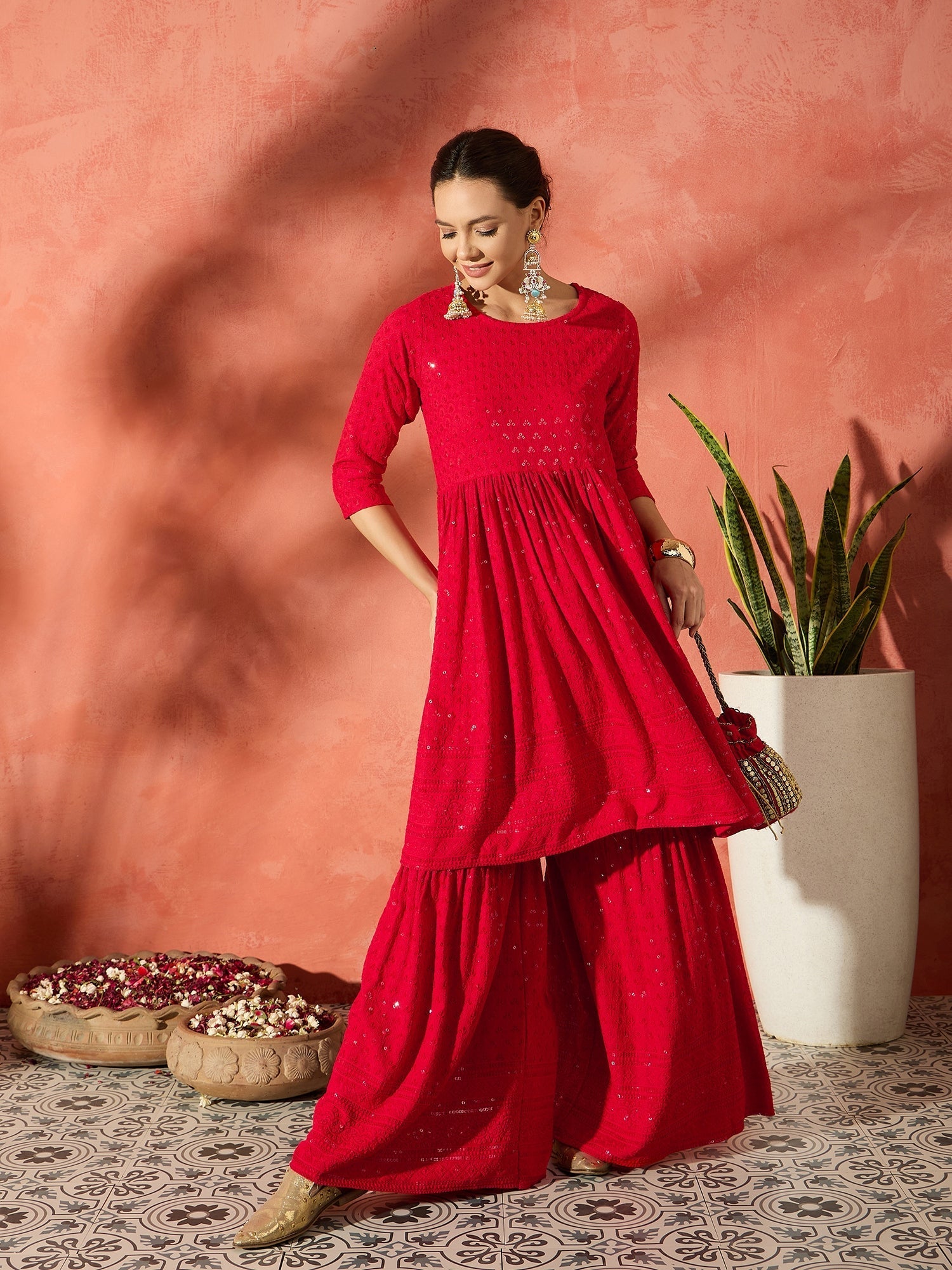 InWeave Red Chikankari Anarkali Kurta Sharara Set