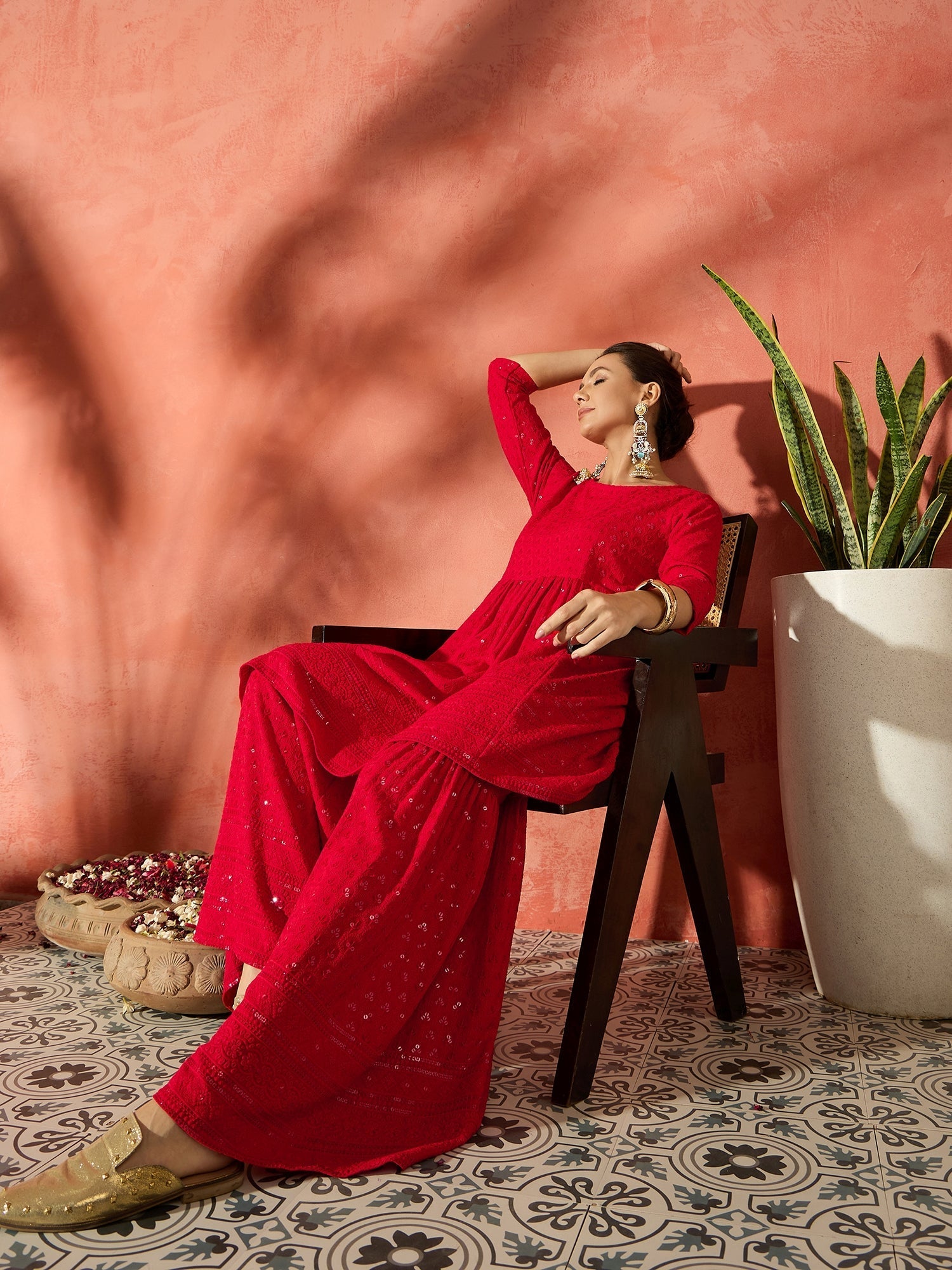 InWeave Red Chikankari Anarkali Kurta Sharara Set