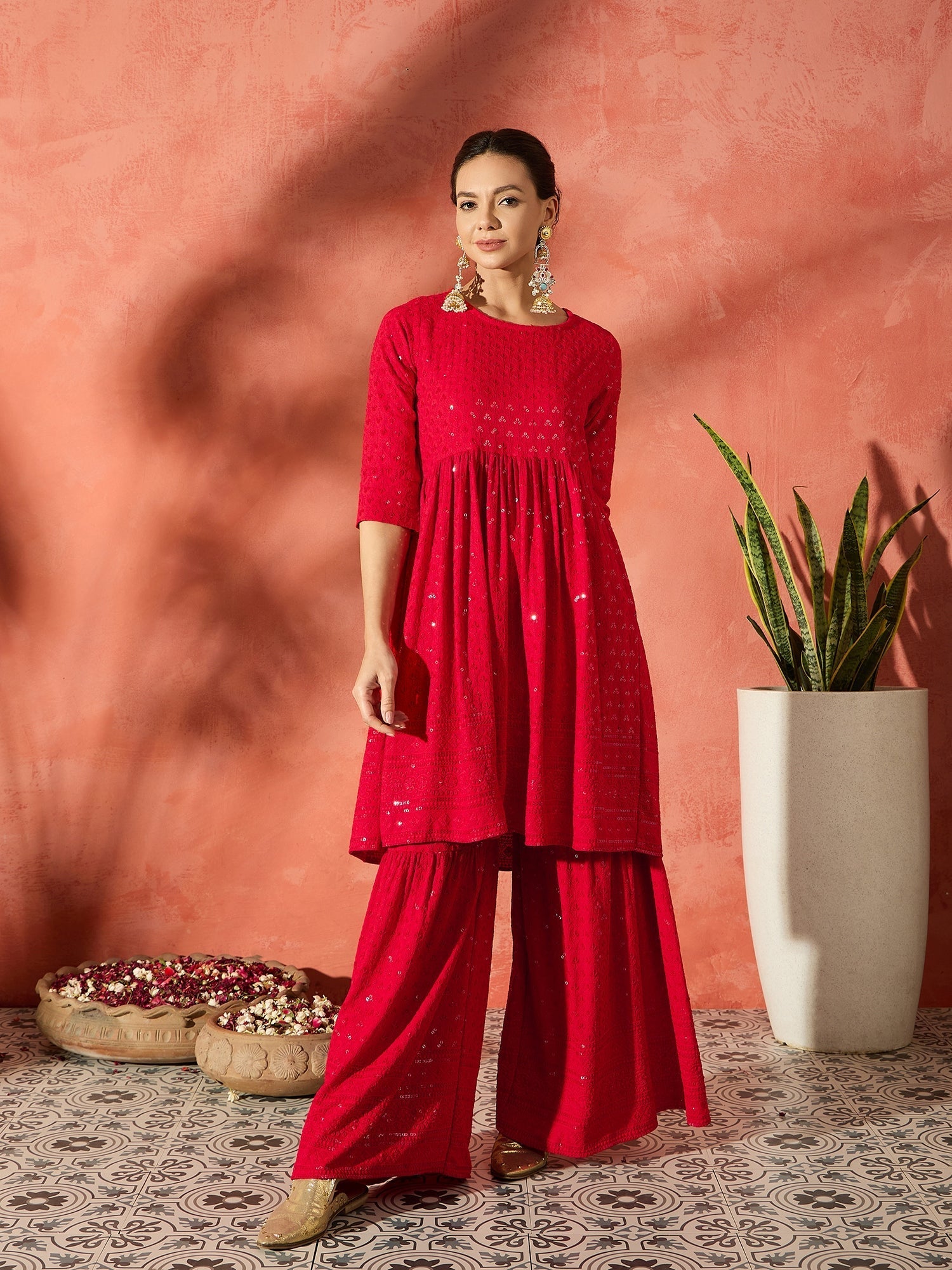 InWeave Red Chikankari Anarkali Kurta Sharara Set