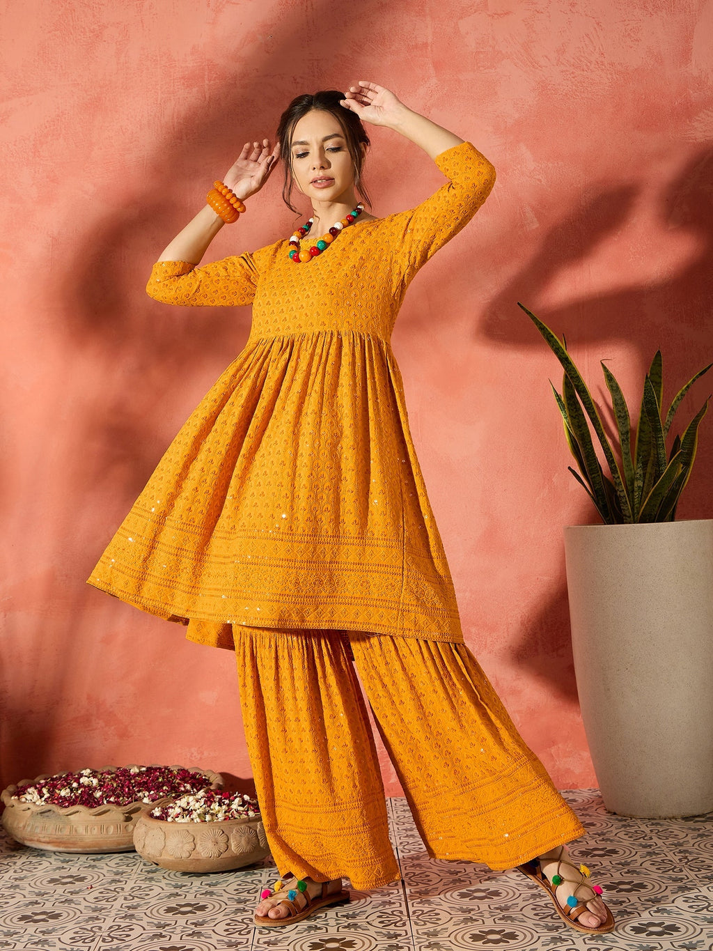InWeave Mustard Chikankari Anarkali Kurta Sharara Set