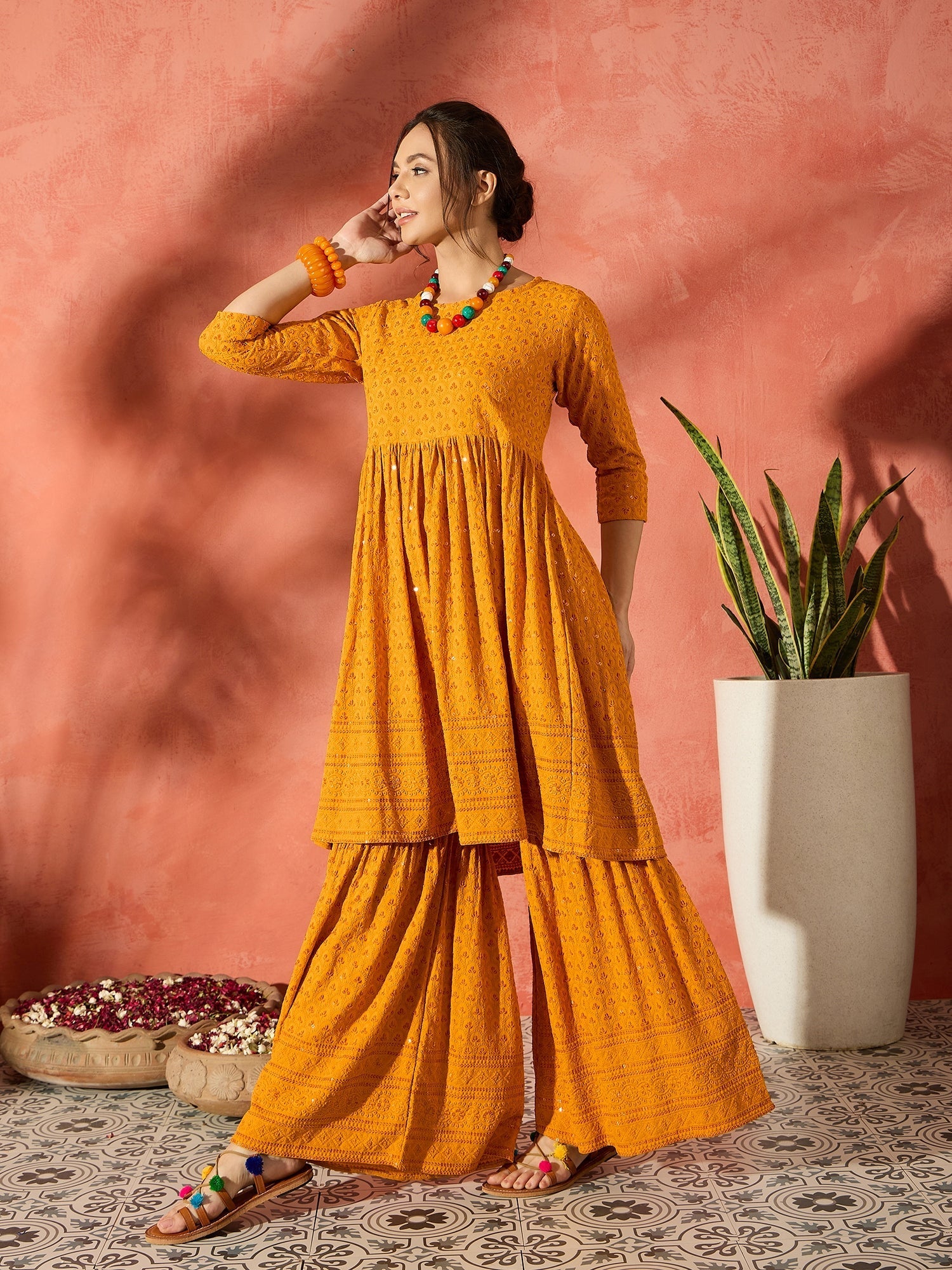 InWeave Mustard Chikankari Anarkali Kurta Sharara Set