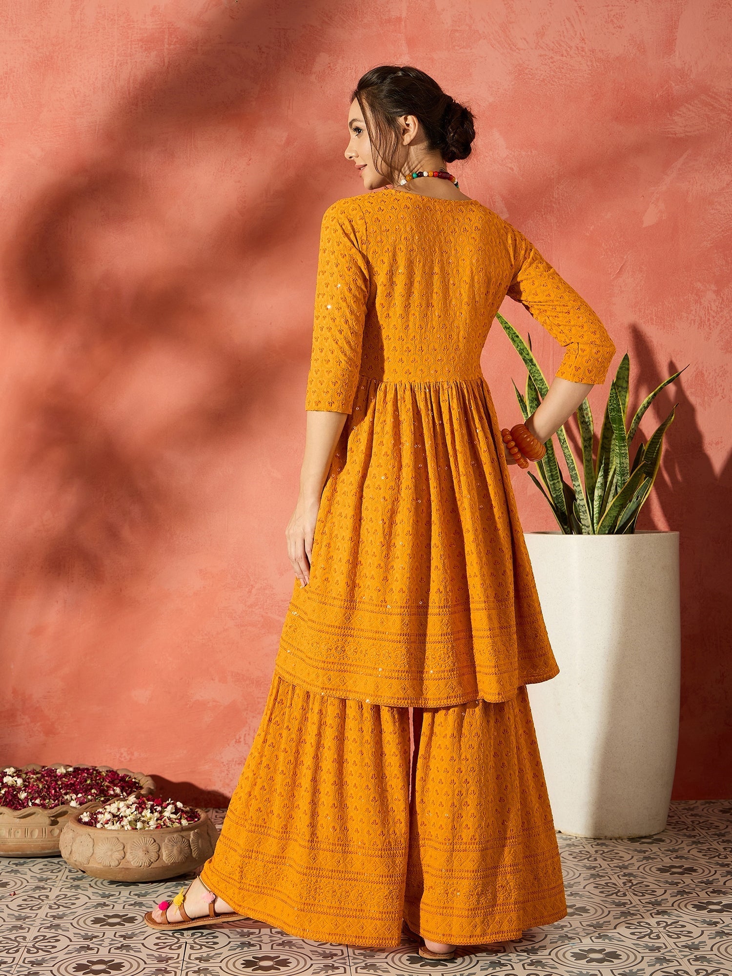 InWeave Mustard Chikankari Anarkali Kurta Sharara Set