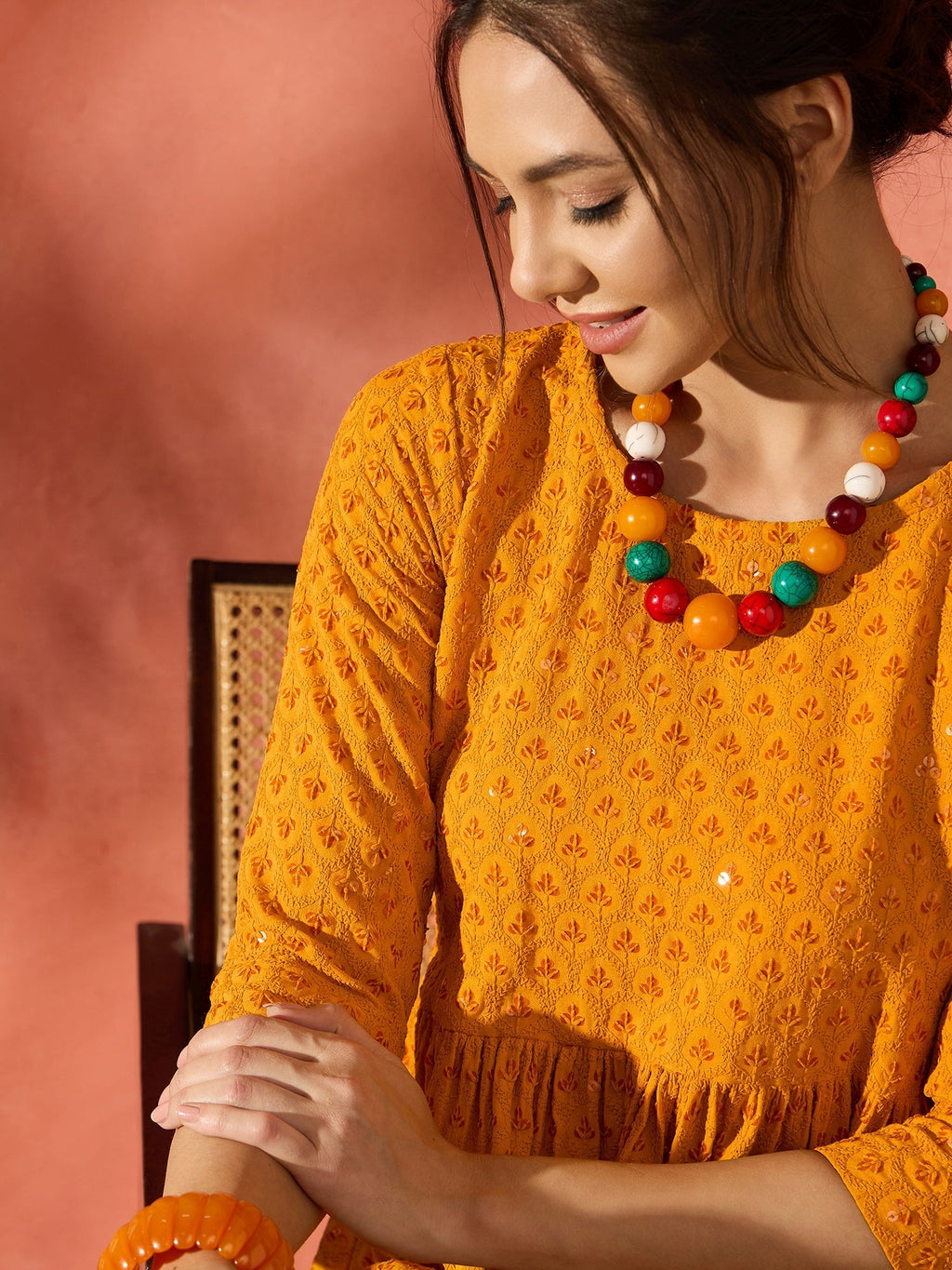 InWeave Mustard Chikankari Anarkali Kurta Sharara Set