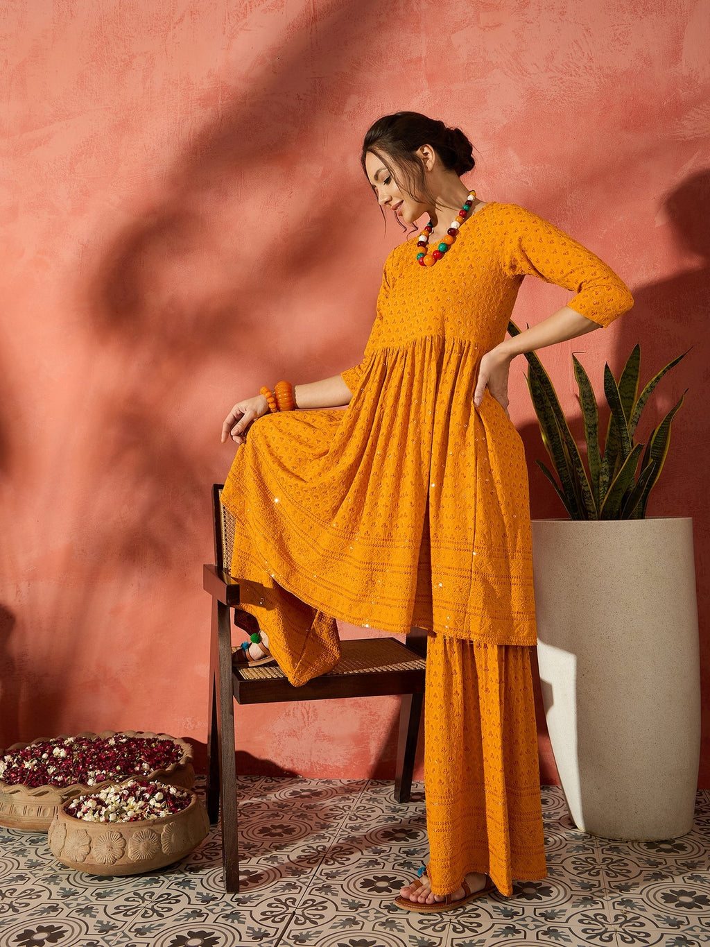 InWeave Mustard Chikankari Anarkali Kurta Sharara Set