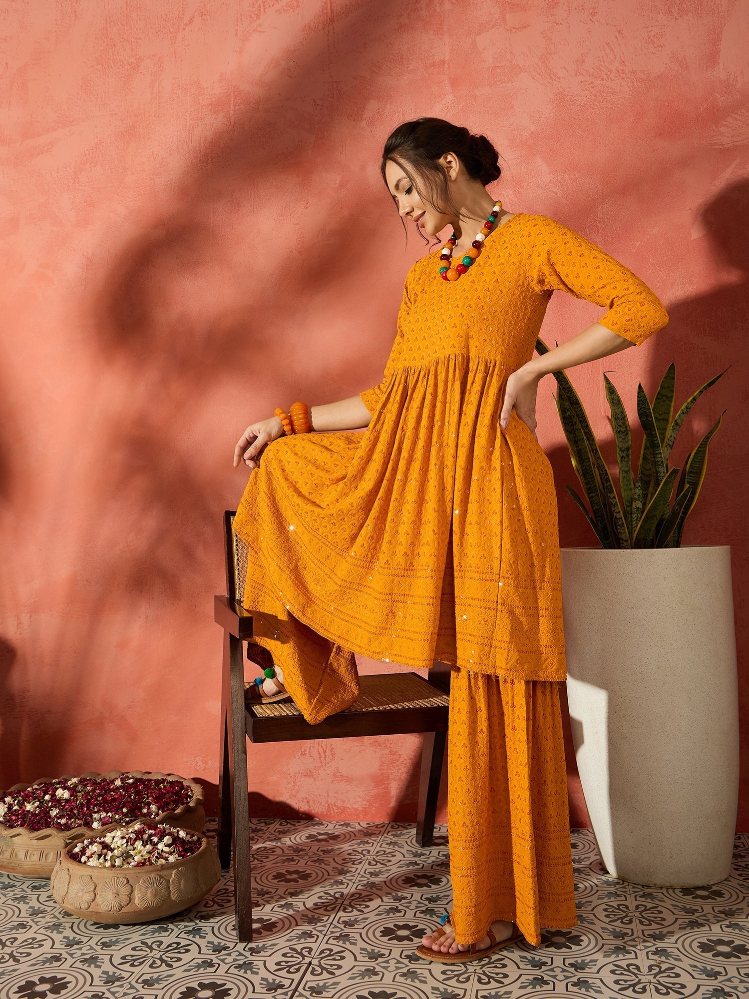 InWeave Mustard Chikankari Anarkali Kurta Sharara Set