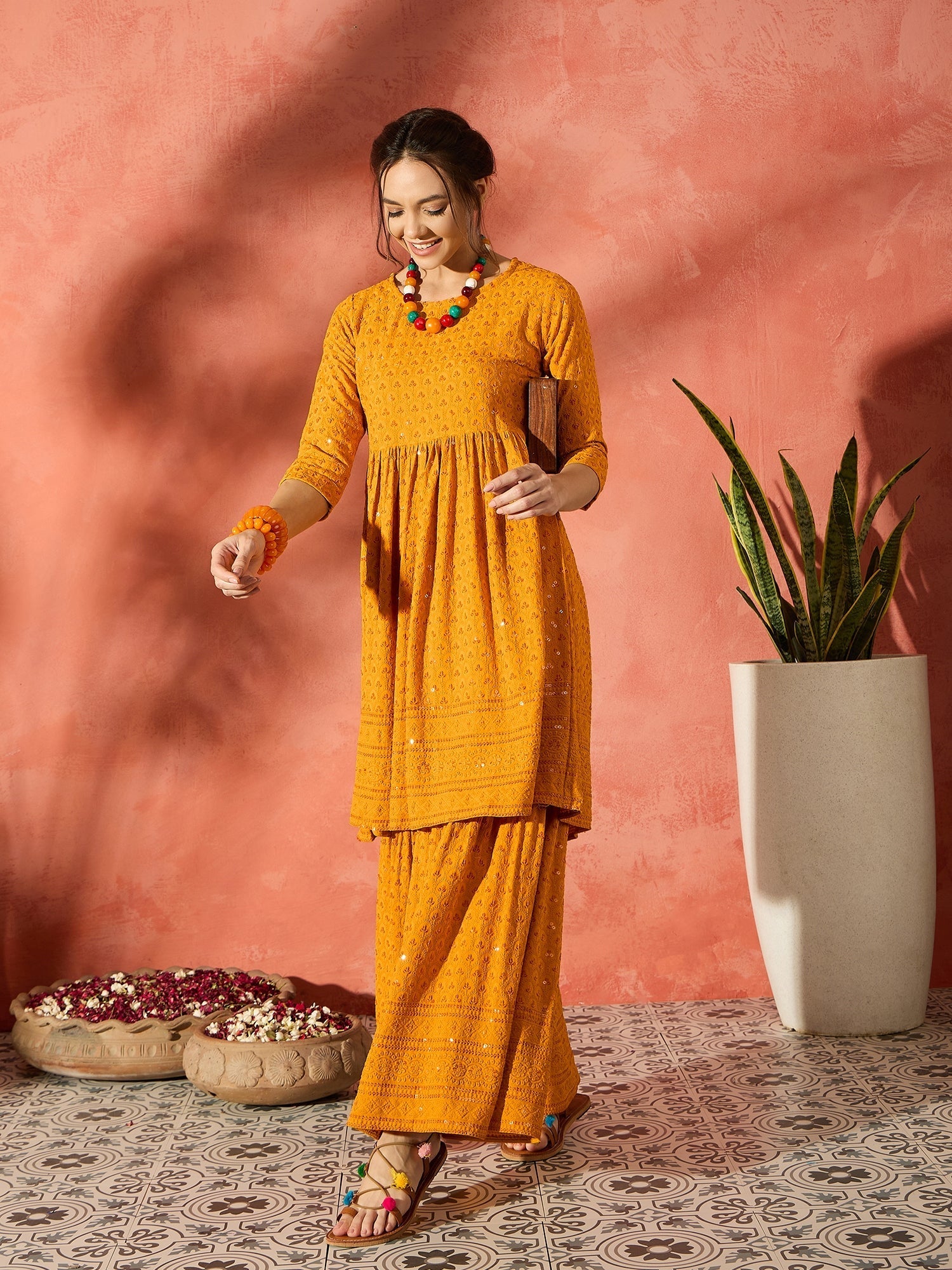 InWeave Mustard Chikankari Anarkali Kurta Sharara Set