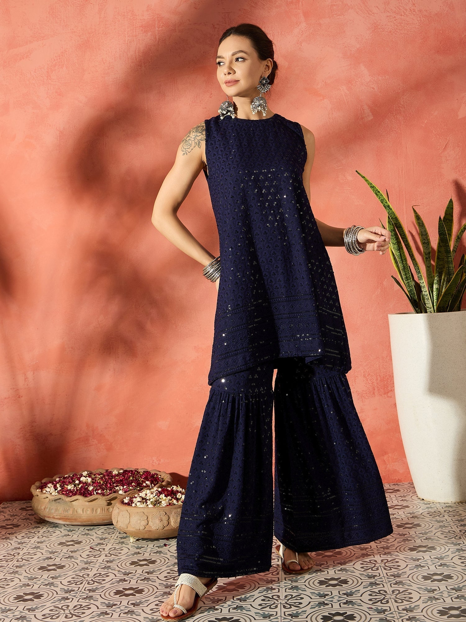 InWeave Blue Chikankari Short Kurta Set