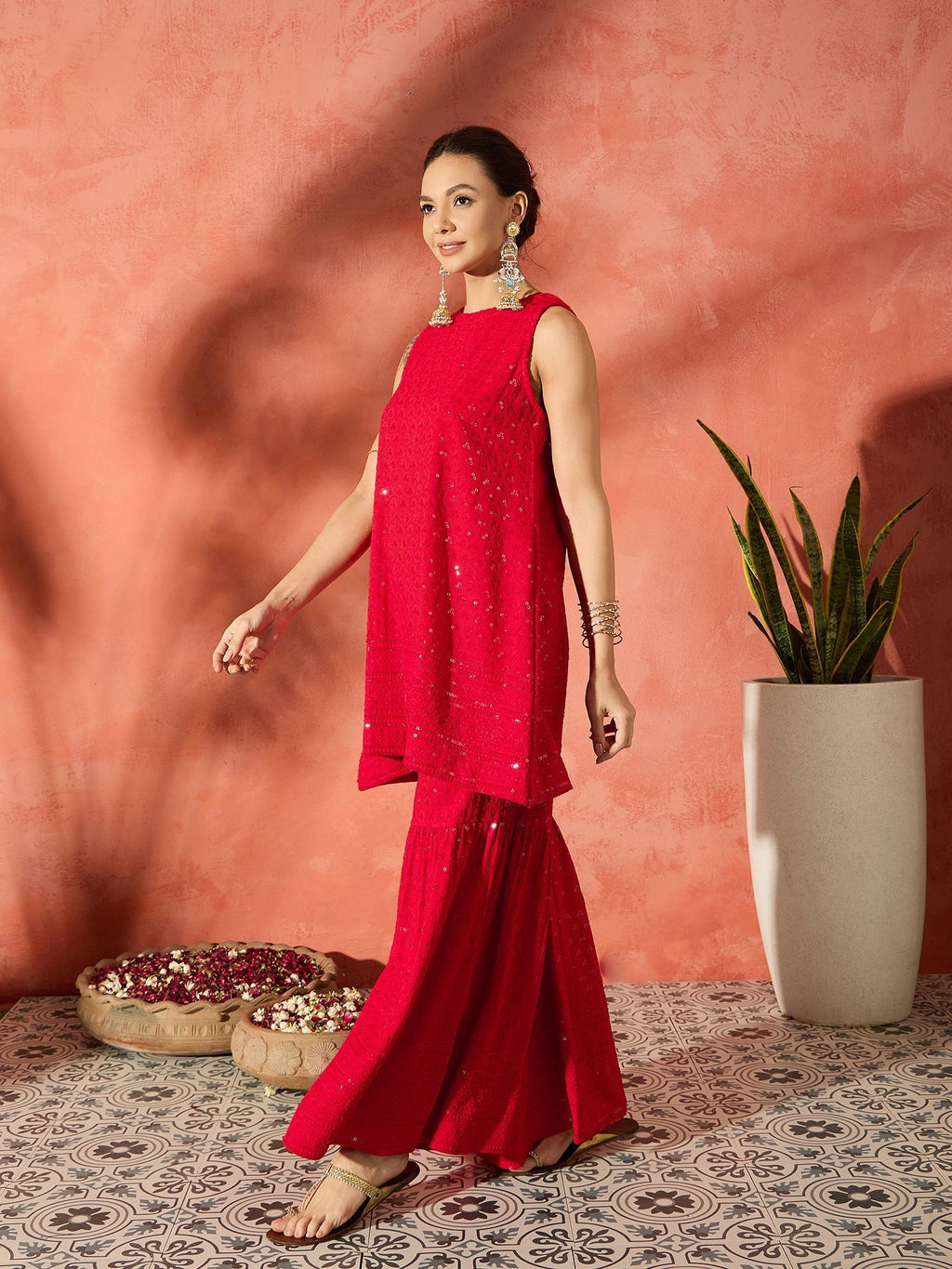 InWeave Red Chikankari Short Kurta Set