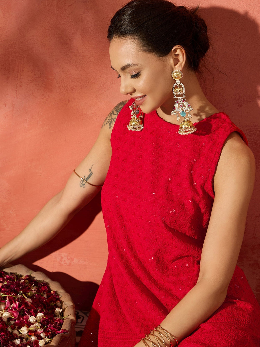 InWeave Red Chikankari Short Kurta Set