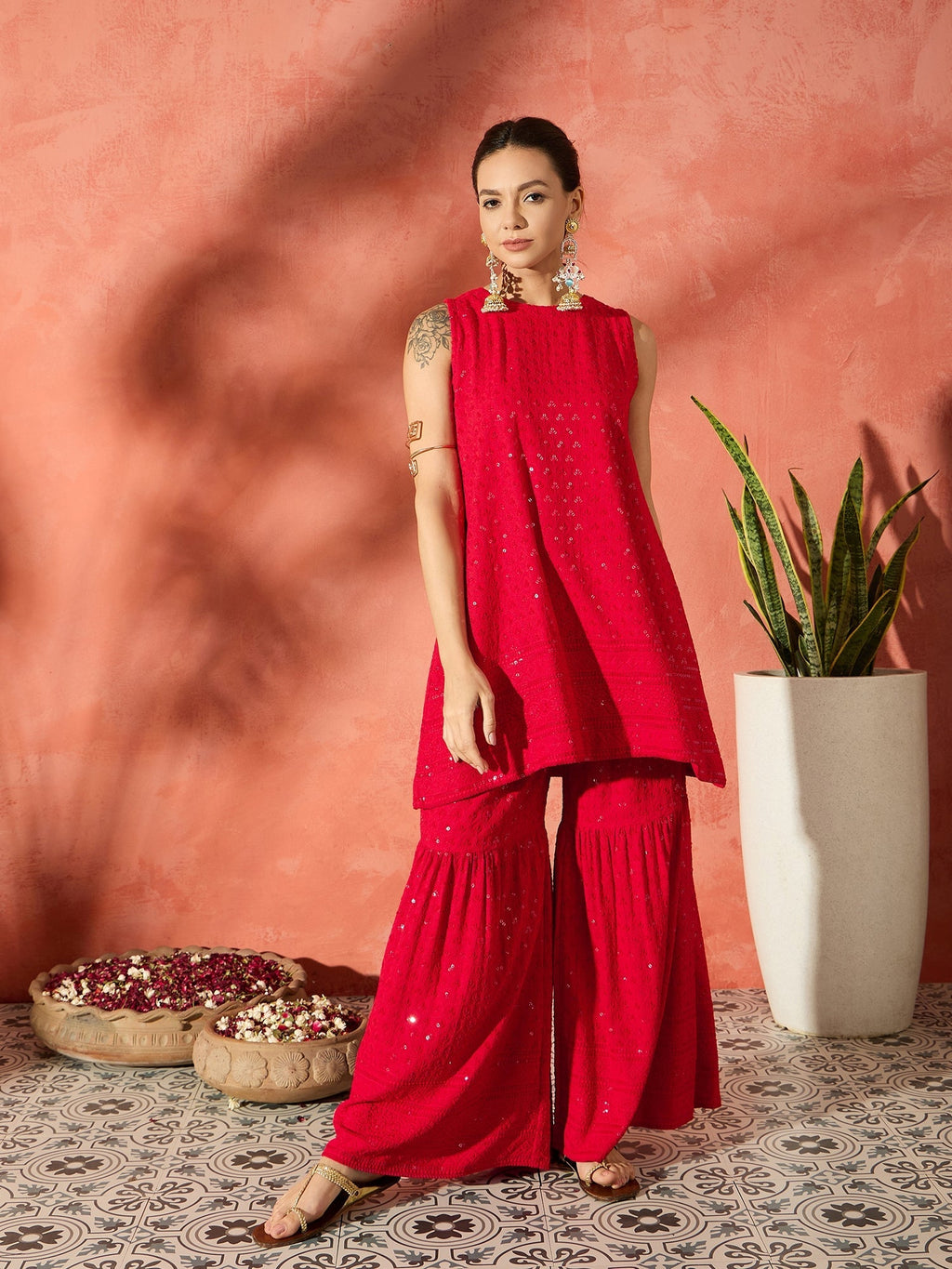 InWeave Red Chikankari Short Kurta Set